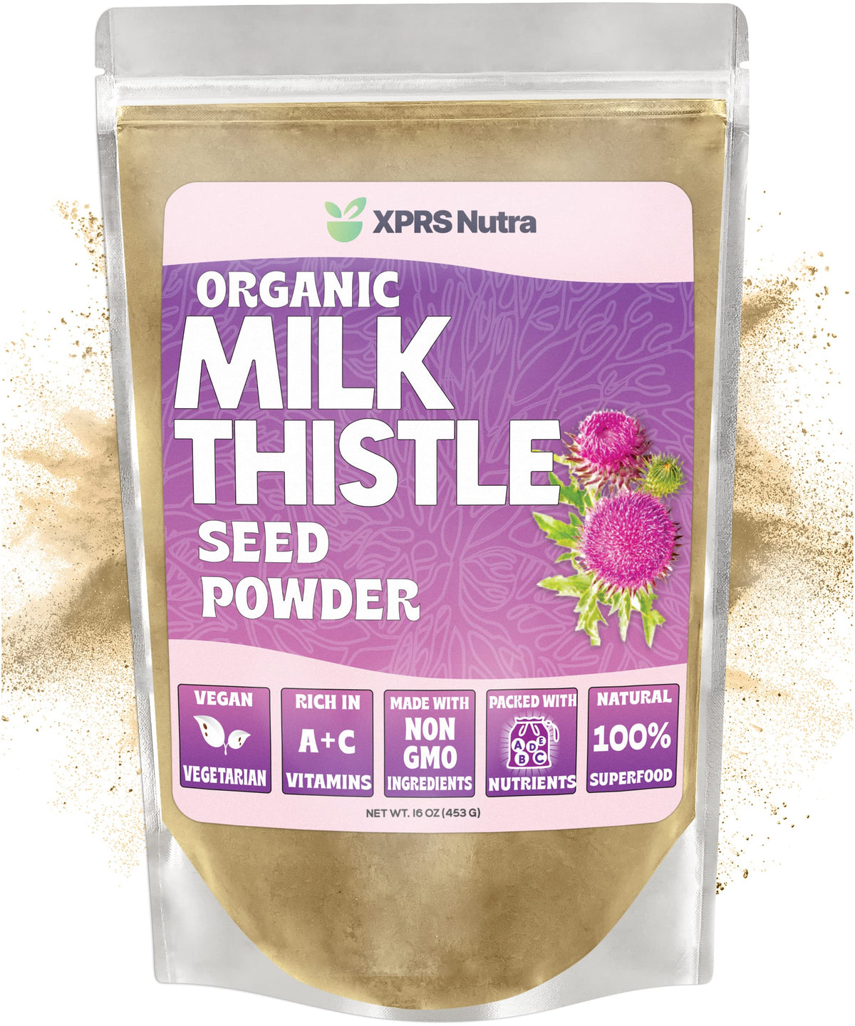 XPRS Nutra milk thistle seed powder bottle for daily use and potential liver support in a balanced diet