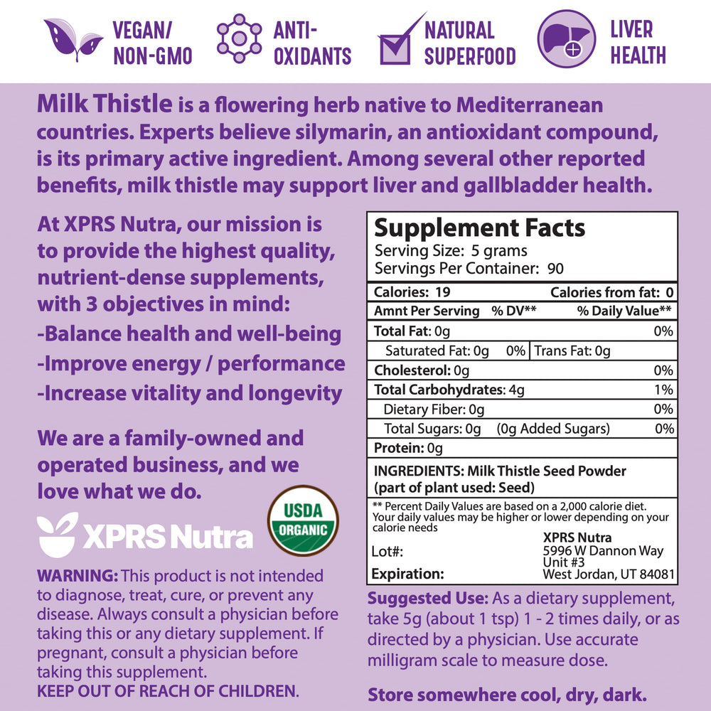 XPRS Nutra milk thistle seeds in powder form on spoon for quick blends