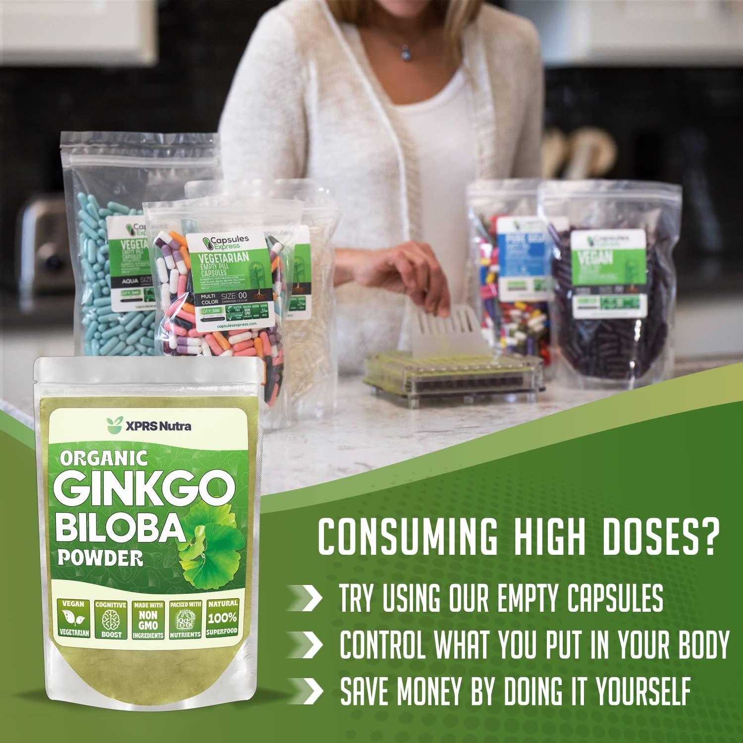 XPRS Nutra Organic Ginkgo Biloba powder in shake glass.