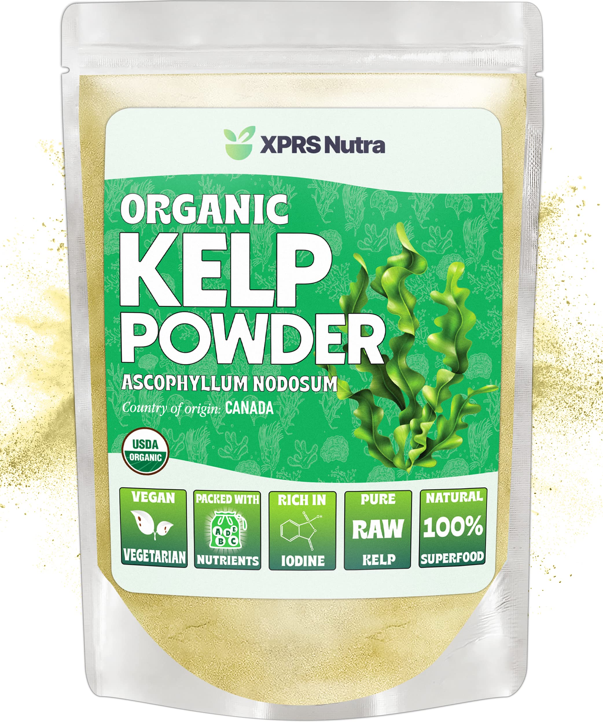 XPRS Nutra organic kelp powder bottle for convenient daily supplement.