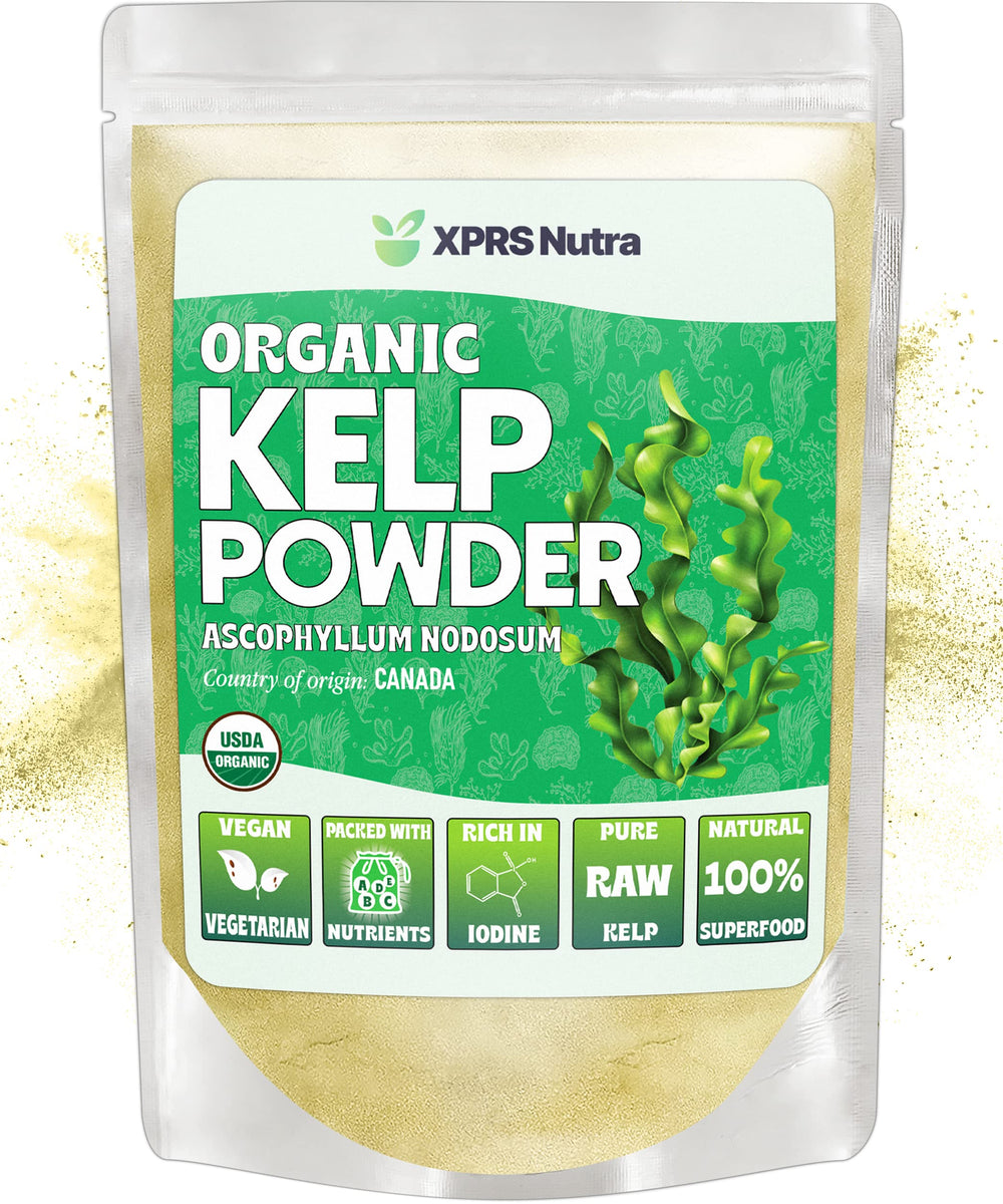 XPRS Nutra organic kelp powder bottle for convenient daily supplement.