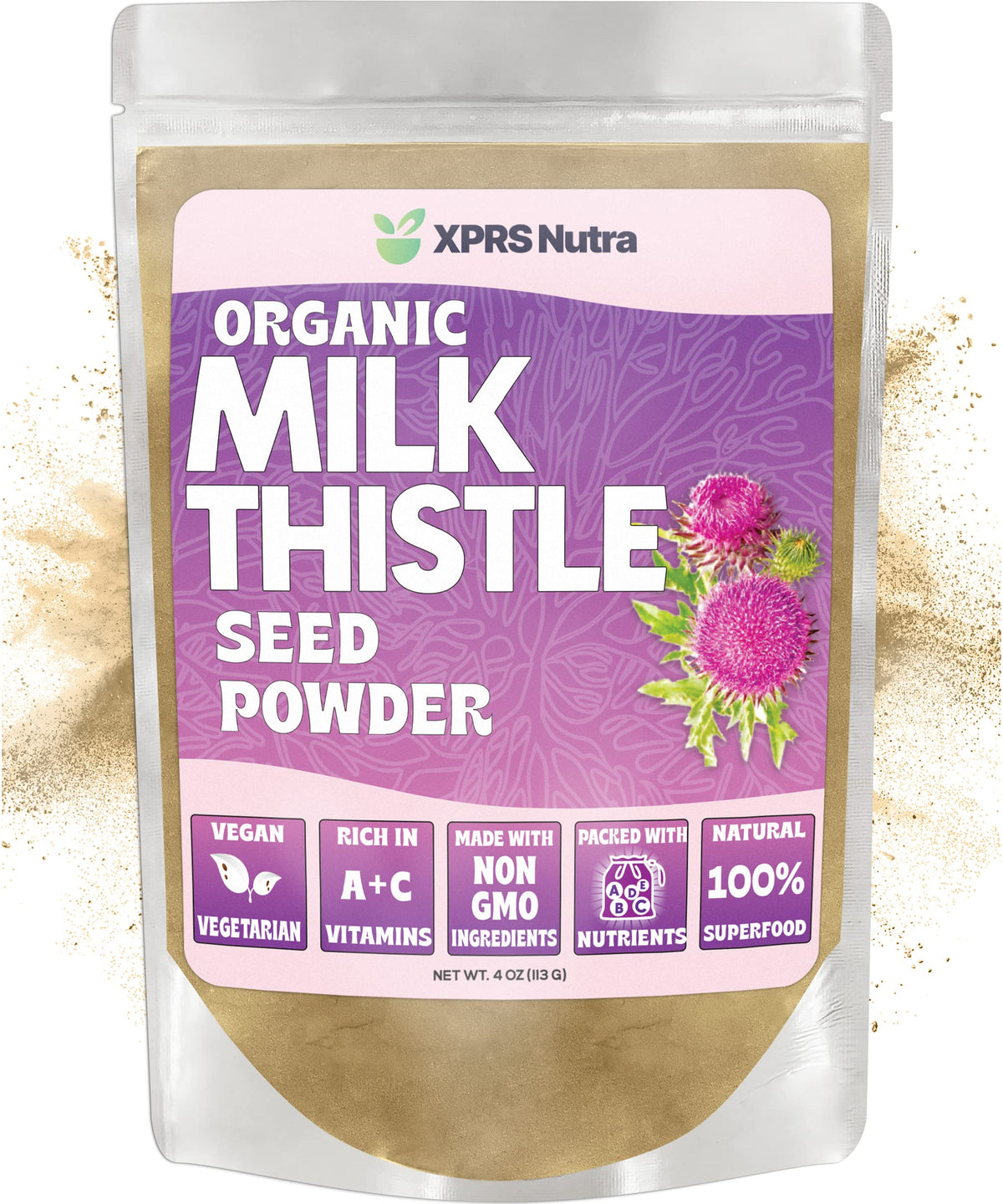 XPRS Nutra organic milk thistle powder bag, ideal for daily smoothies.