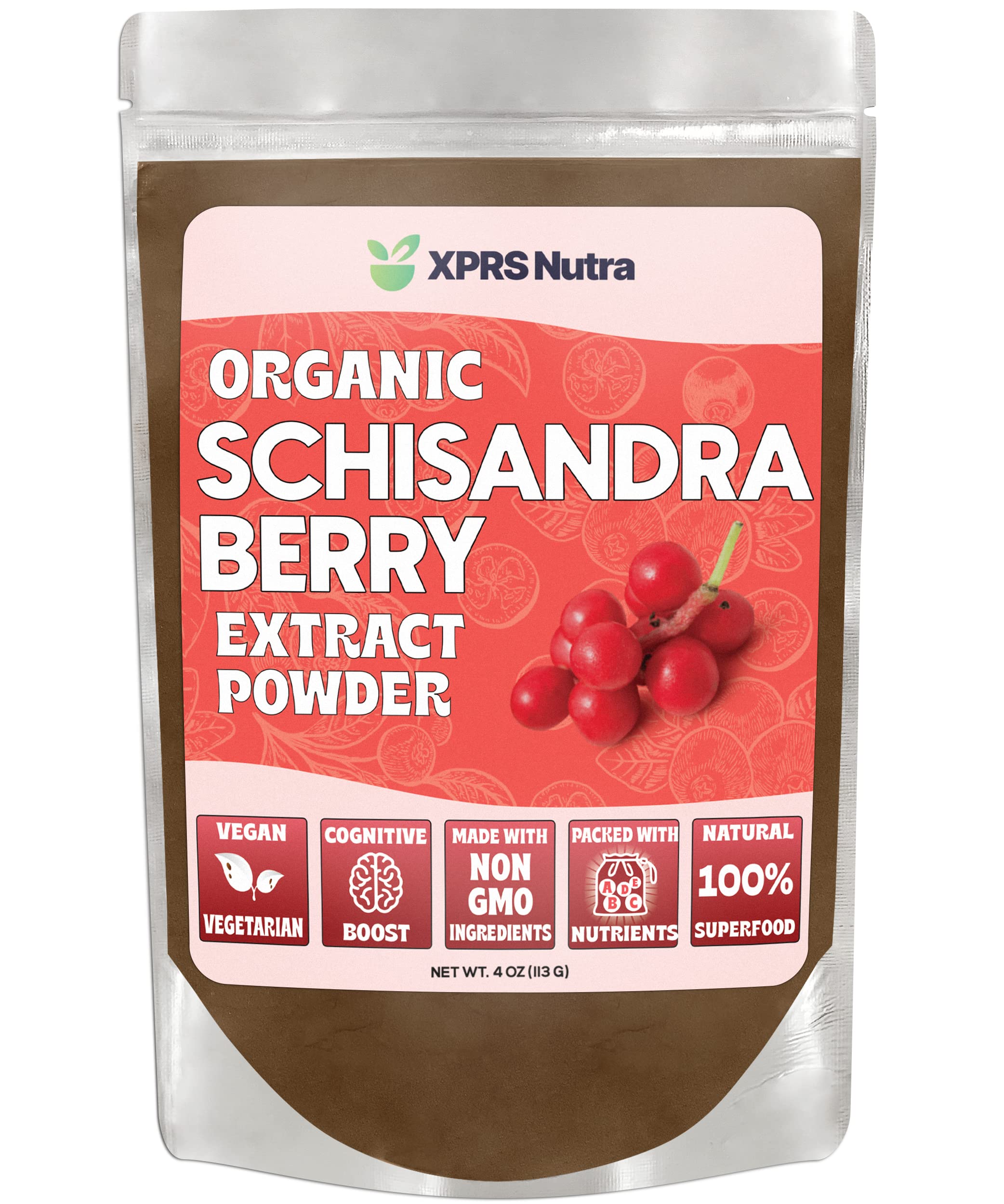 XPRS Nutra Organic Schisandra berry powder in a jar, ideal for smoothies and daily rituals.