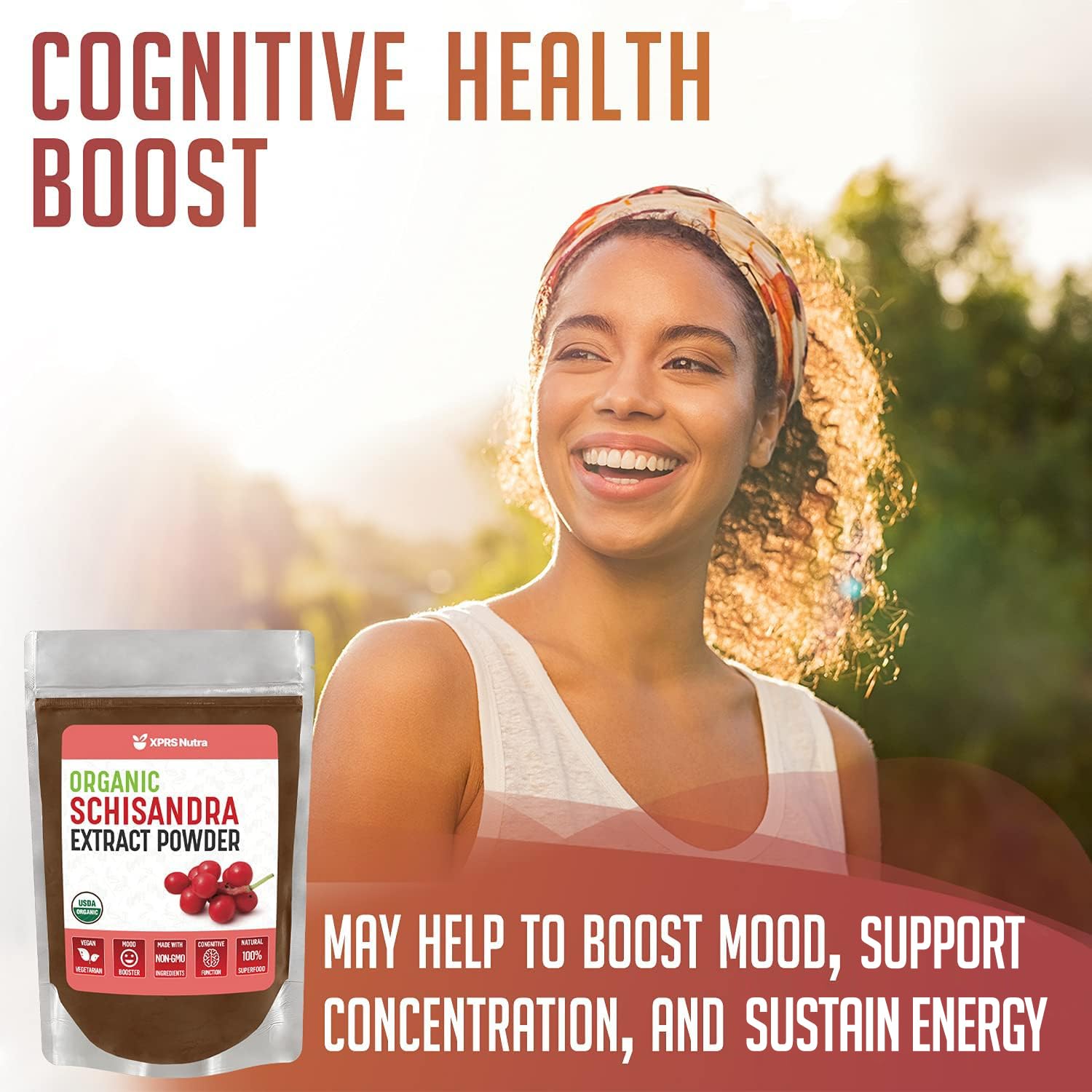 XPRS Nutra Organic Schisandra berry powder with spoon for easy scooping.