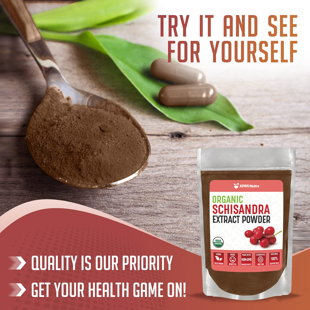 XPRS Nutra organic schisandra powder label showing USDA Organic seal.