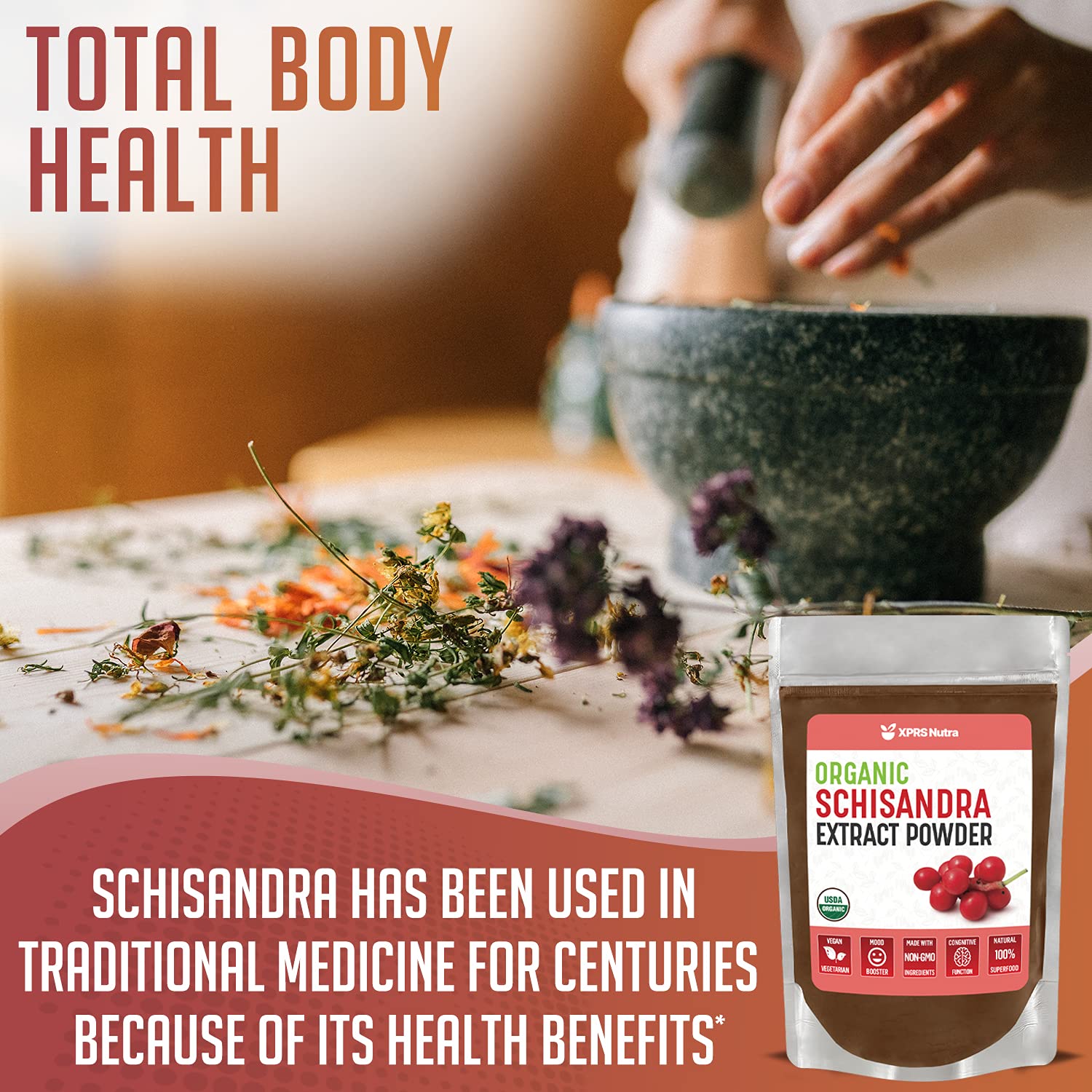 XPRS Nutra organic schisandra powder measuring spoon showcasing versatile use.