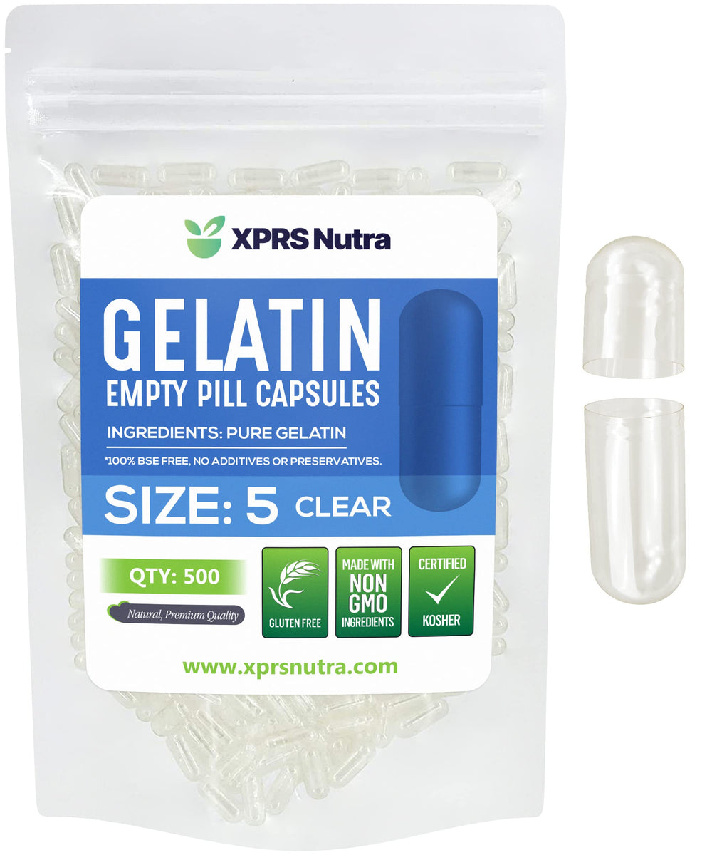 XPRS Nutra Size 5 empty capsules, 500-count, clear shells for precise filling