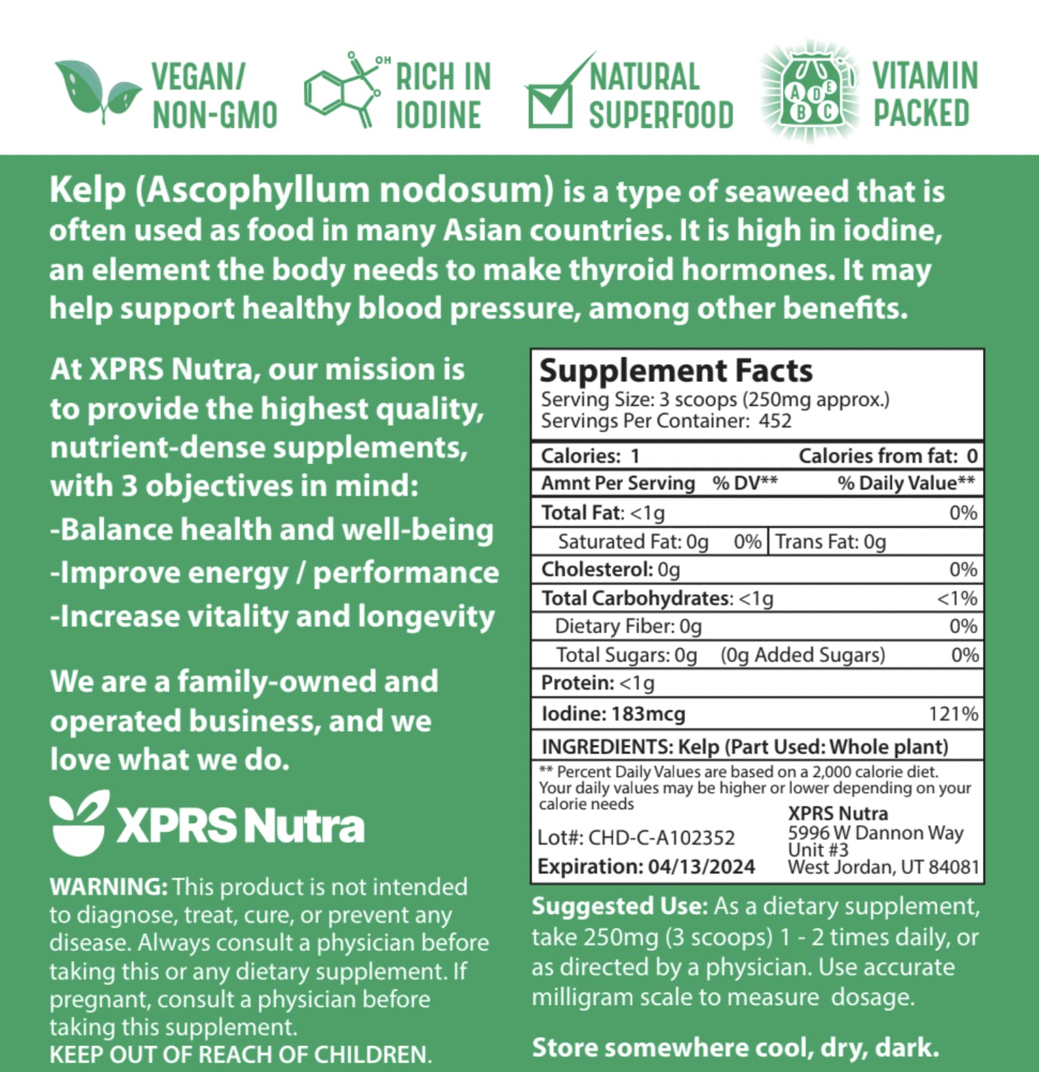 XPRS Nutra vegan seaweed powder packaging highlights ethical sourcing.