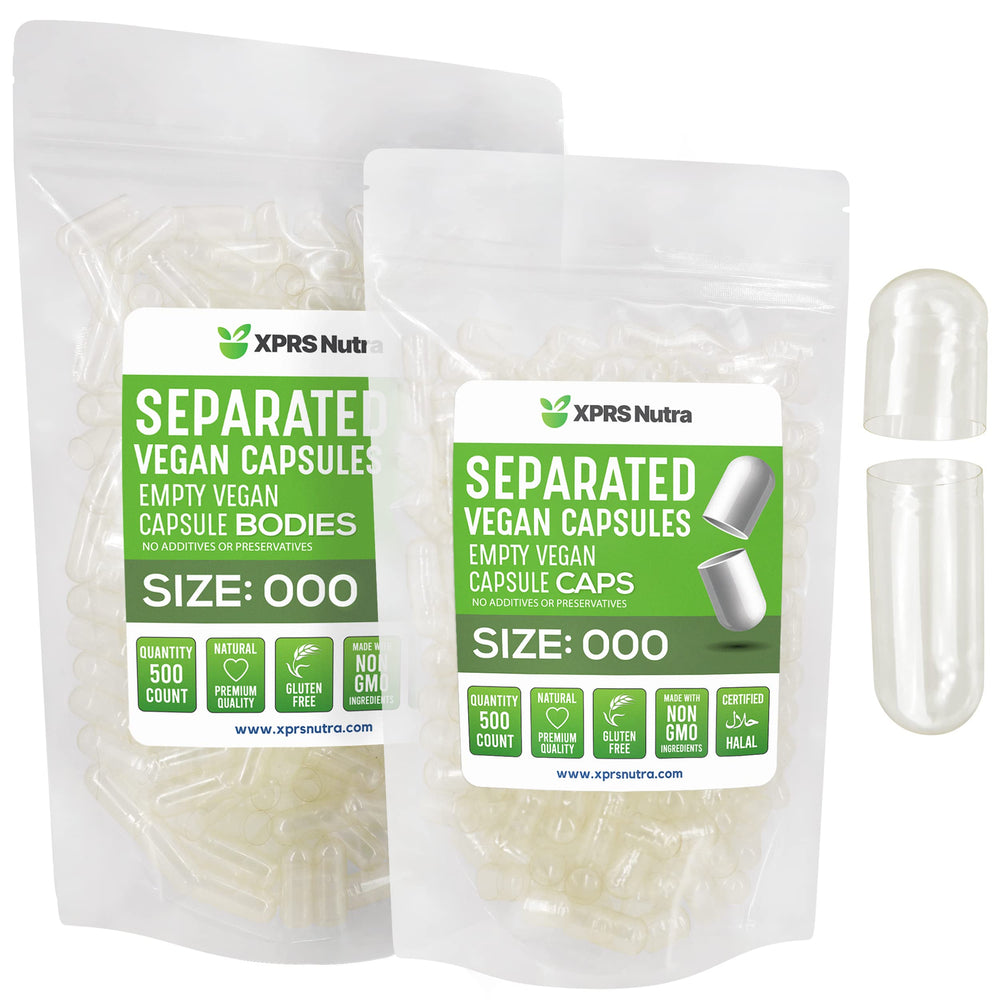 XPRS Nutra vegan size 000 separated capsules in bags for quick, mess-free filling.