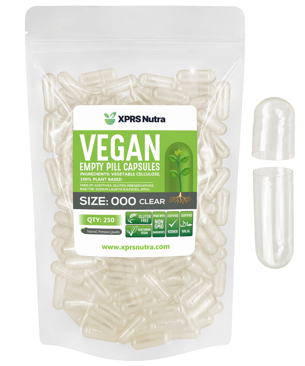 XPRS Nutra vegan size-000 empty capsules, clear view for precise filling and measurement