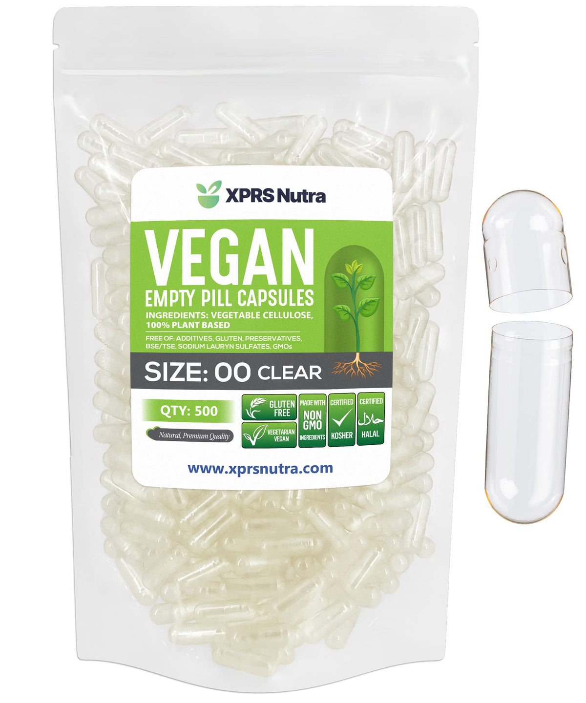 XPRS Nutra Size 00 clear capsules ideal for precise filling and secure storage.