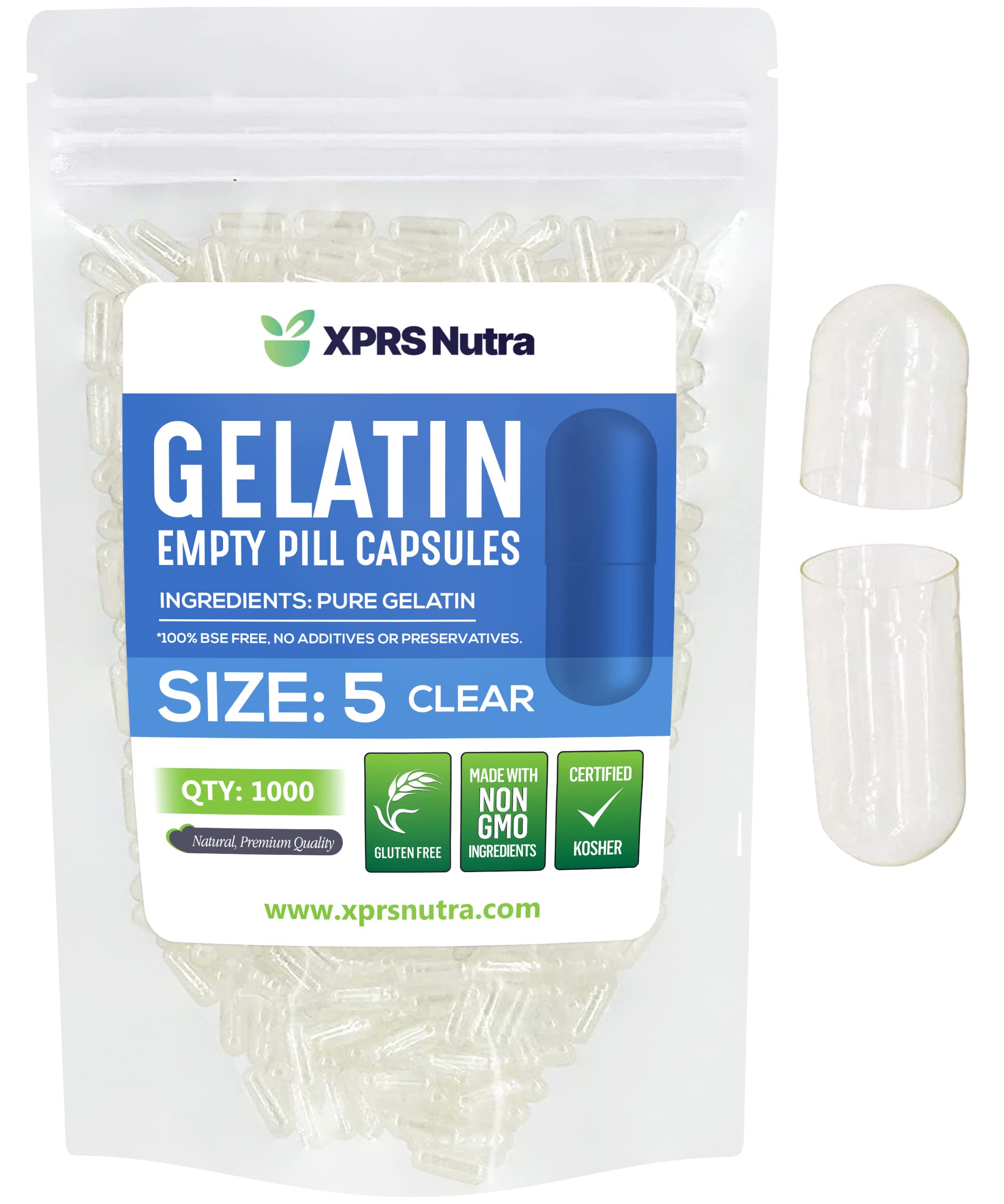 XPRS Nutra Size 5 empty capsules with clear shells for precise manual filling.