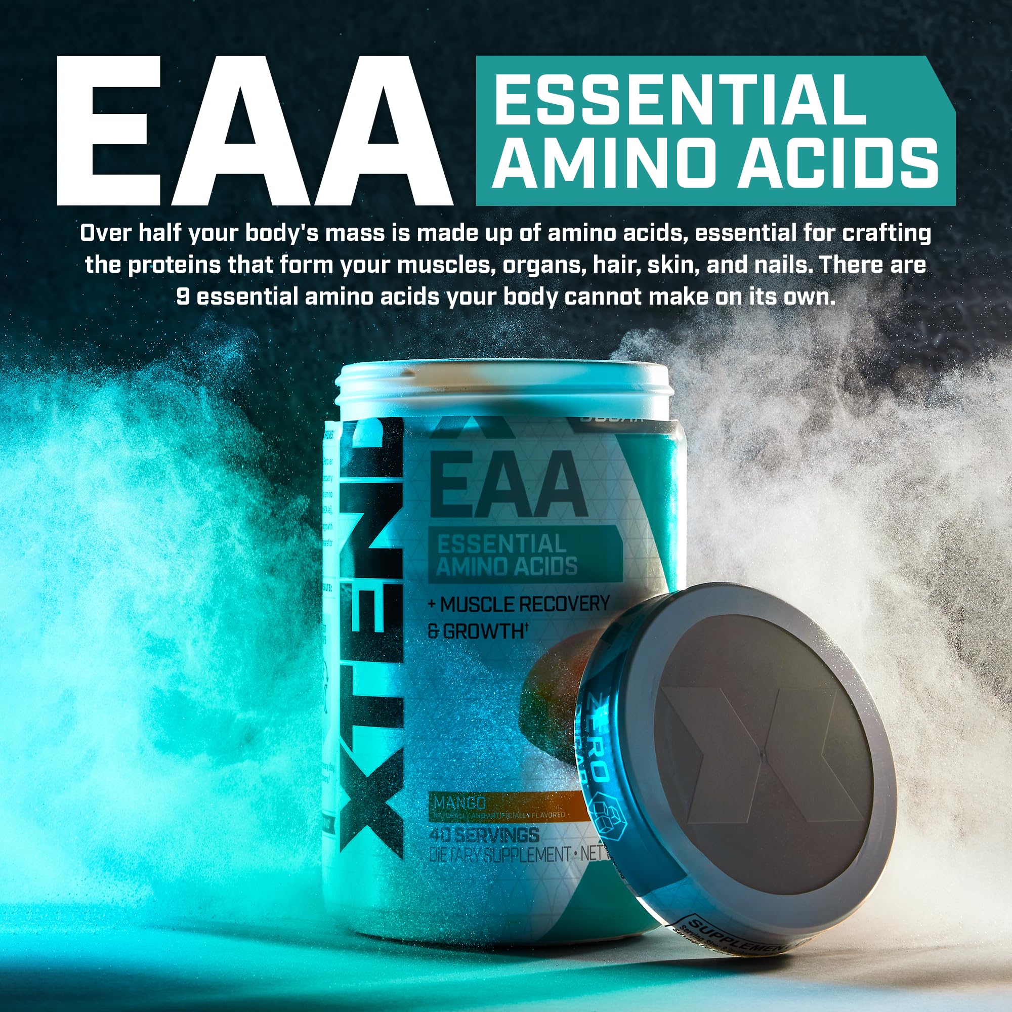 Xtend EAA label close-up highlighting essential amino acids and zero sugar.