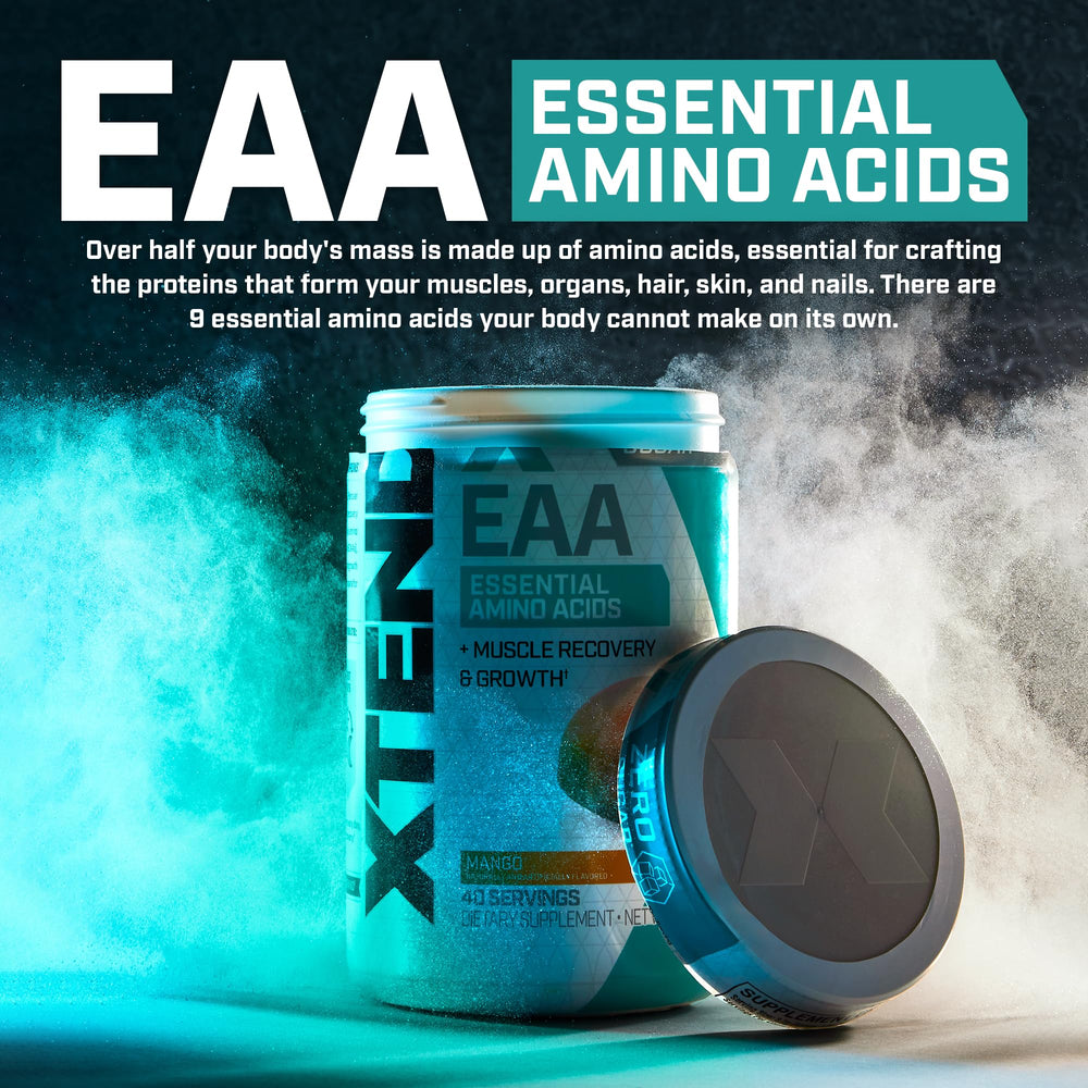 Xtend EAA label close-up highlighting essential amino acids and zero sugar.