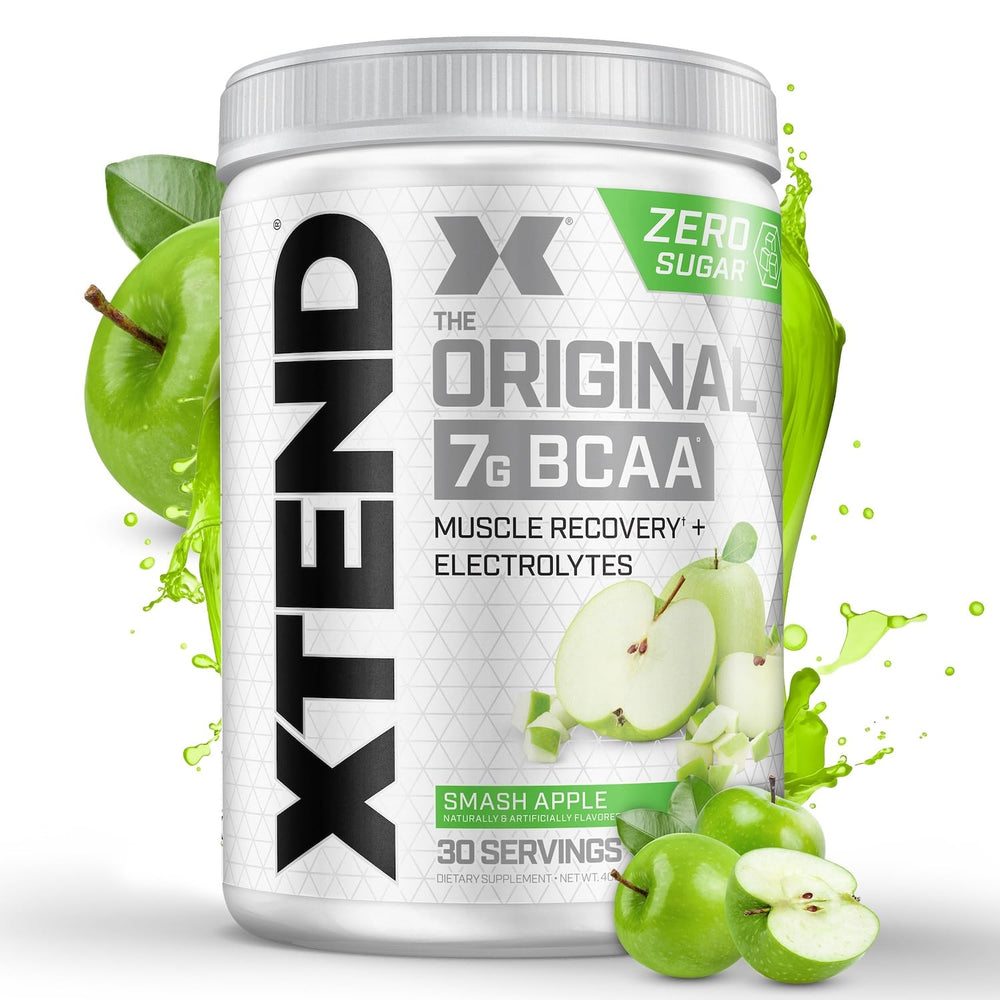 Xtend Original BCAA powder tub shows 7 g BCAAs per serving for hydration