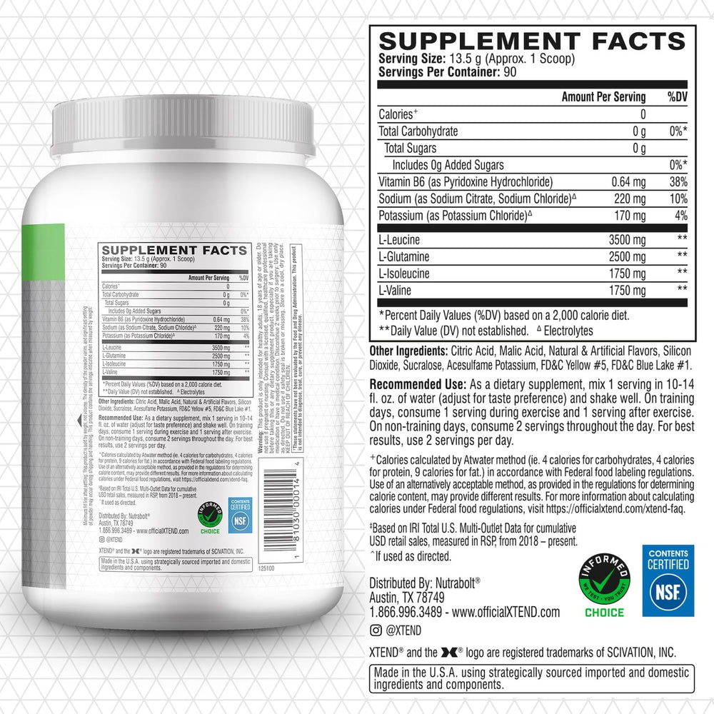 Xtend Original label closeup highlighting 7g BCAAs and 2.5g L-glutamine.