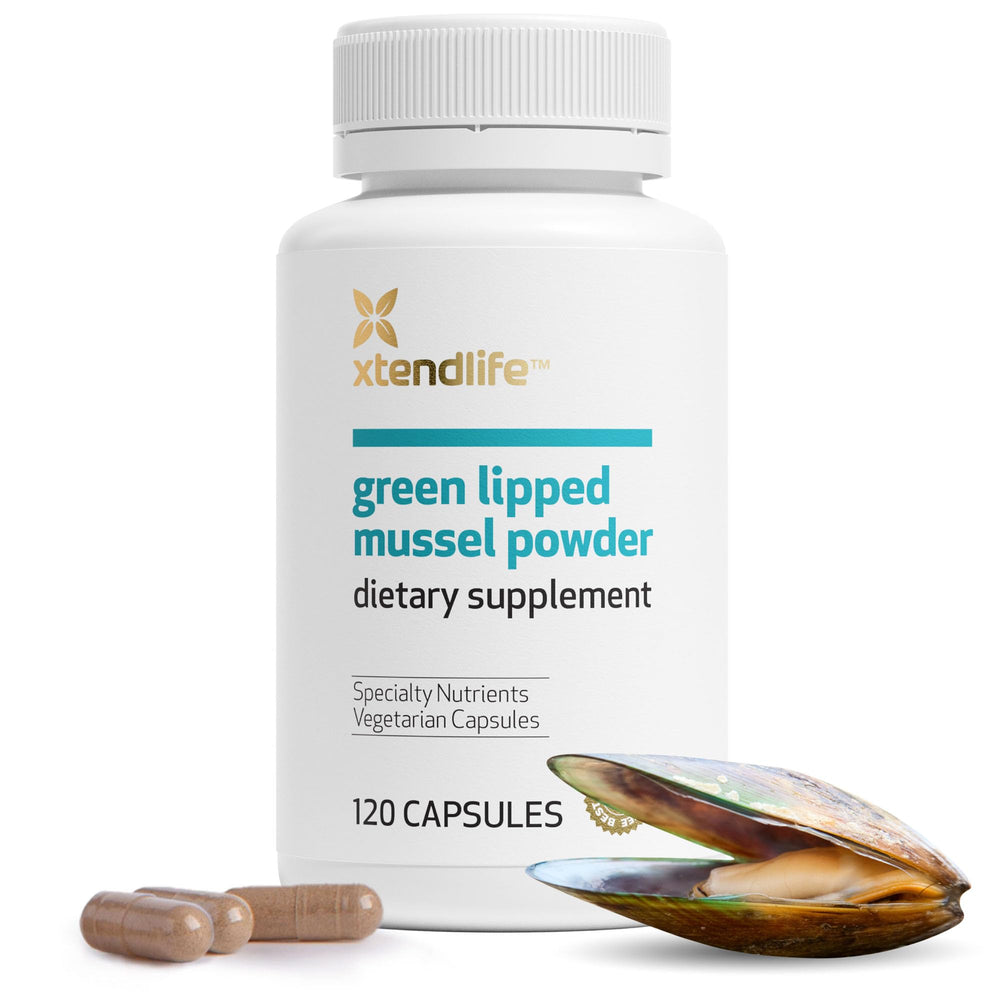 Xtendlife green-lipped mussel powder bottle showing high-potency 2400mg serving for joint support.