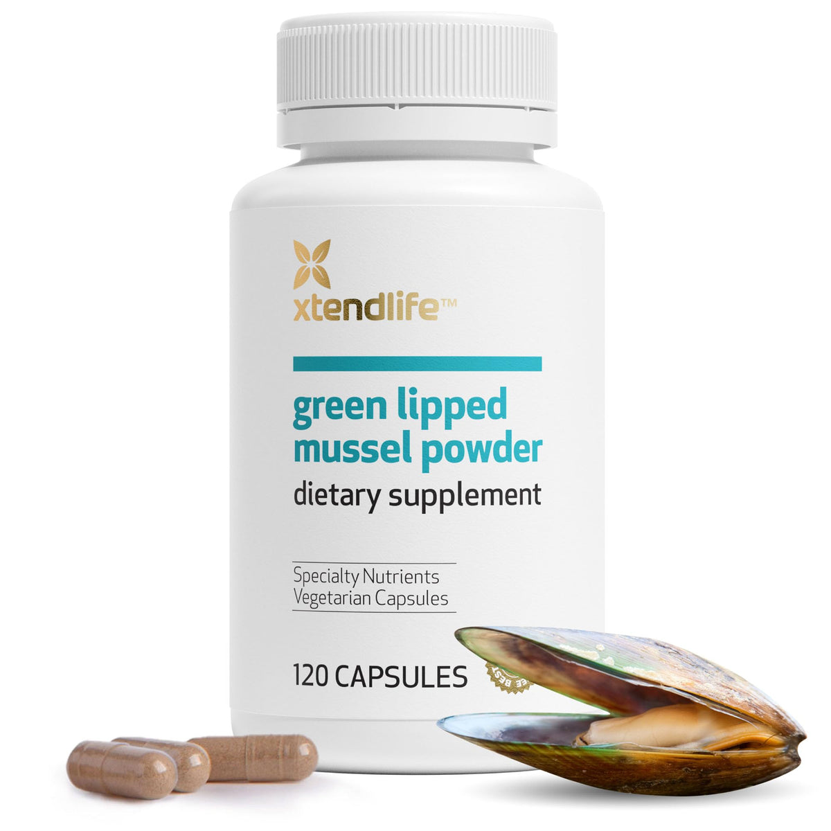 Xtendlife green-lipped mussel powder bottle showing high-potency 2400mg serving for joint support.