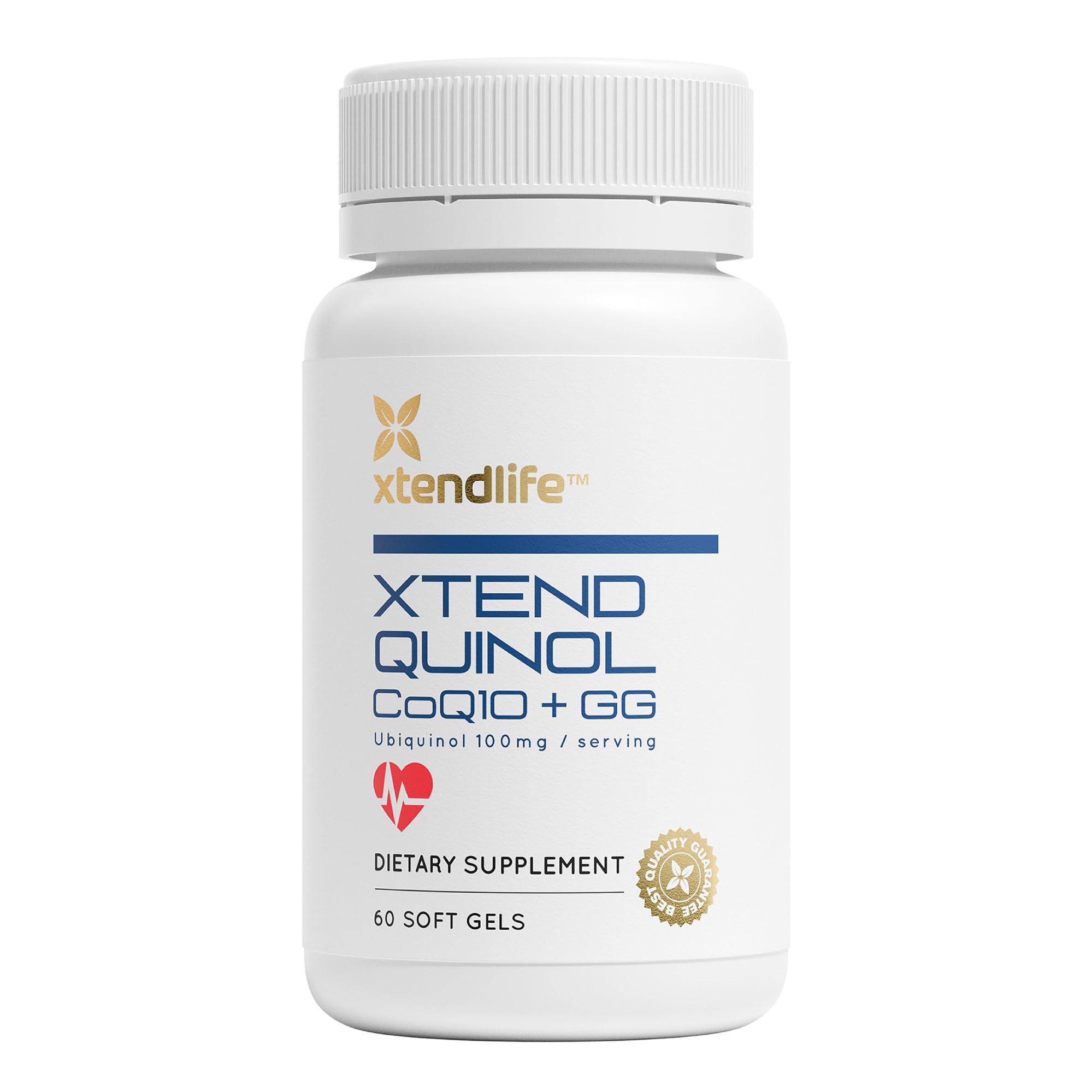 Xtendlife Xtend-Quinol bottle and label detail showing CoQ10 and GG ingredients for energy support.