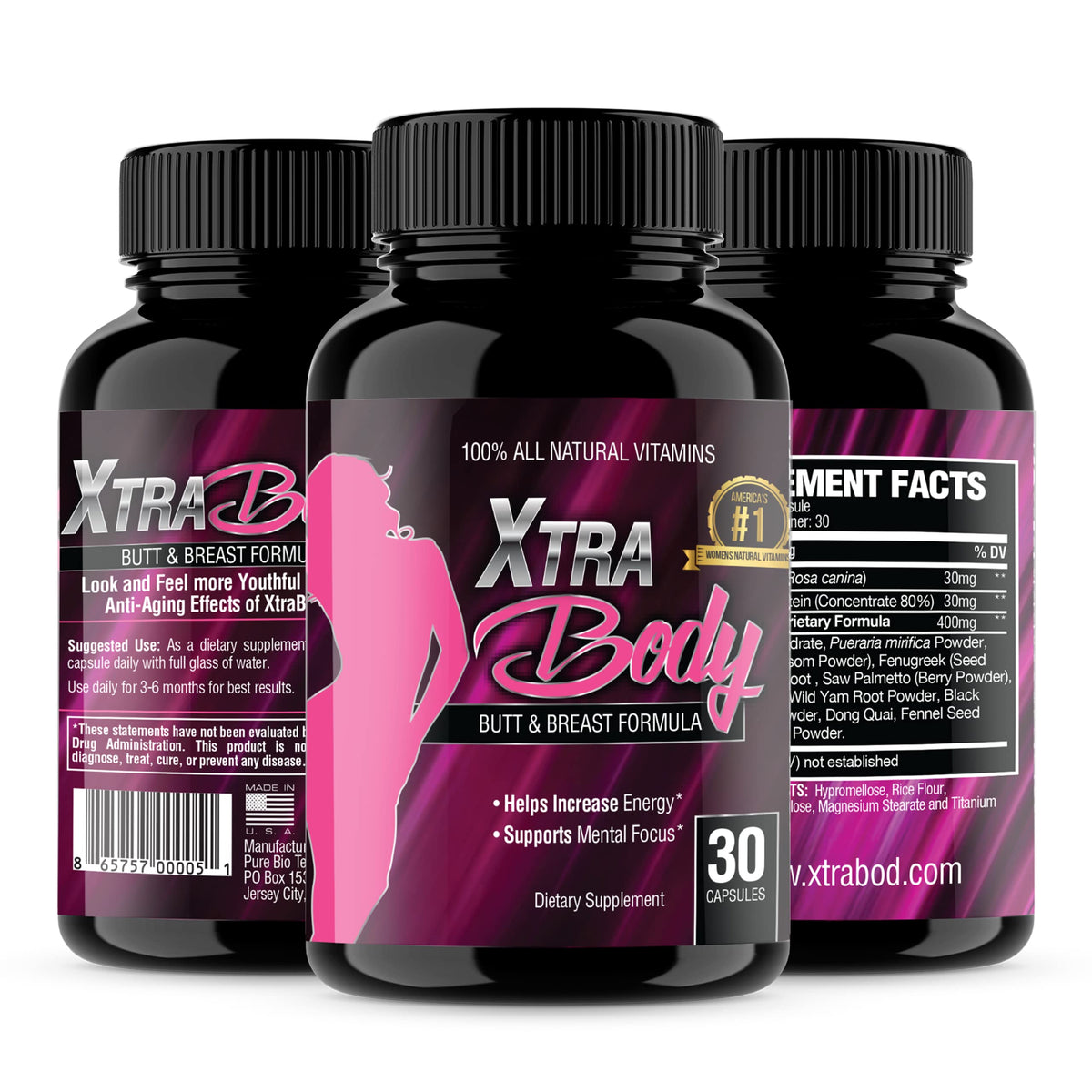 XtraBody butt and breast enhancement bottle shown for curves and daily energy.