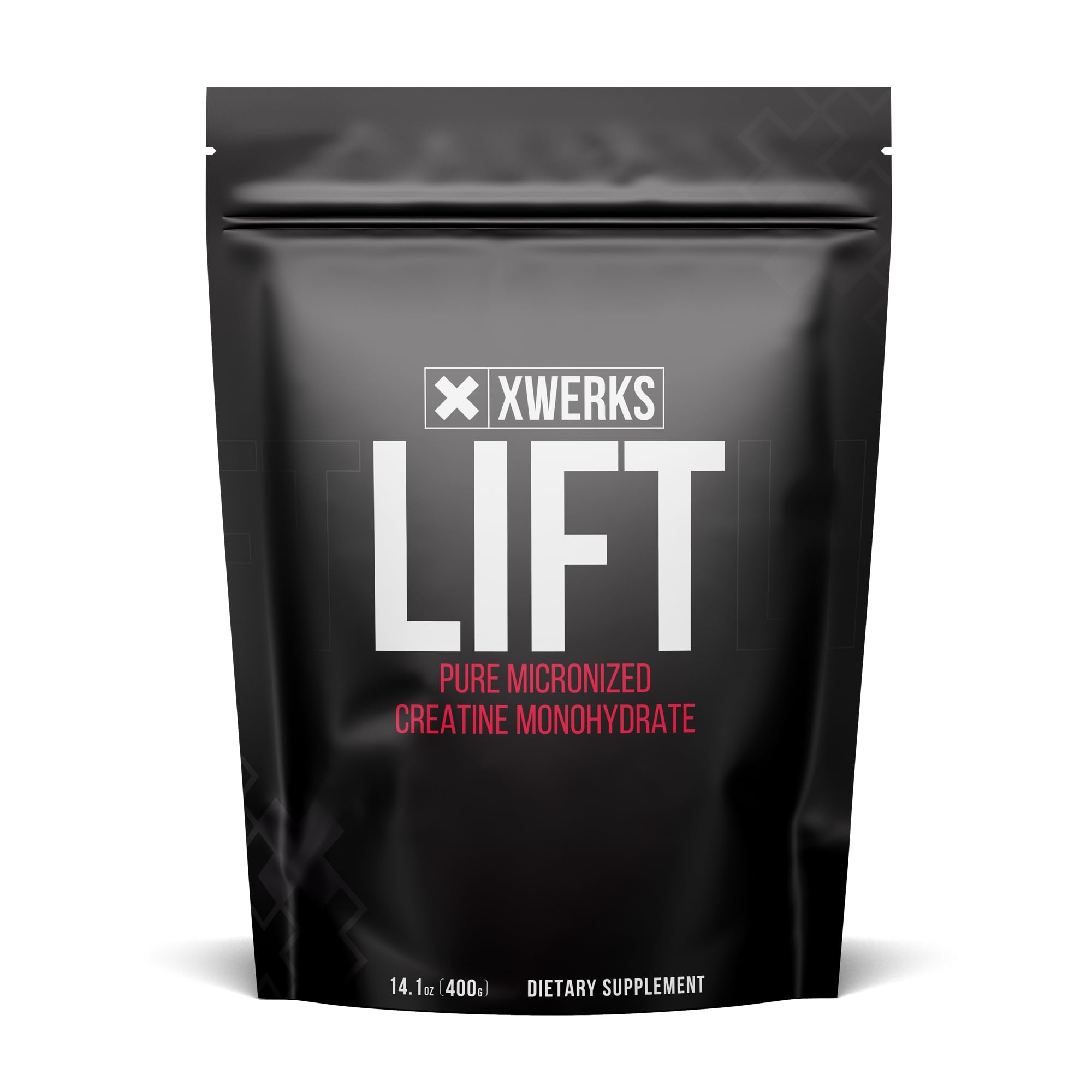 Xwerks Lift creatine powder jar label shows 5 g per scoop for steady workout energy.