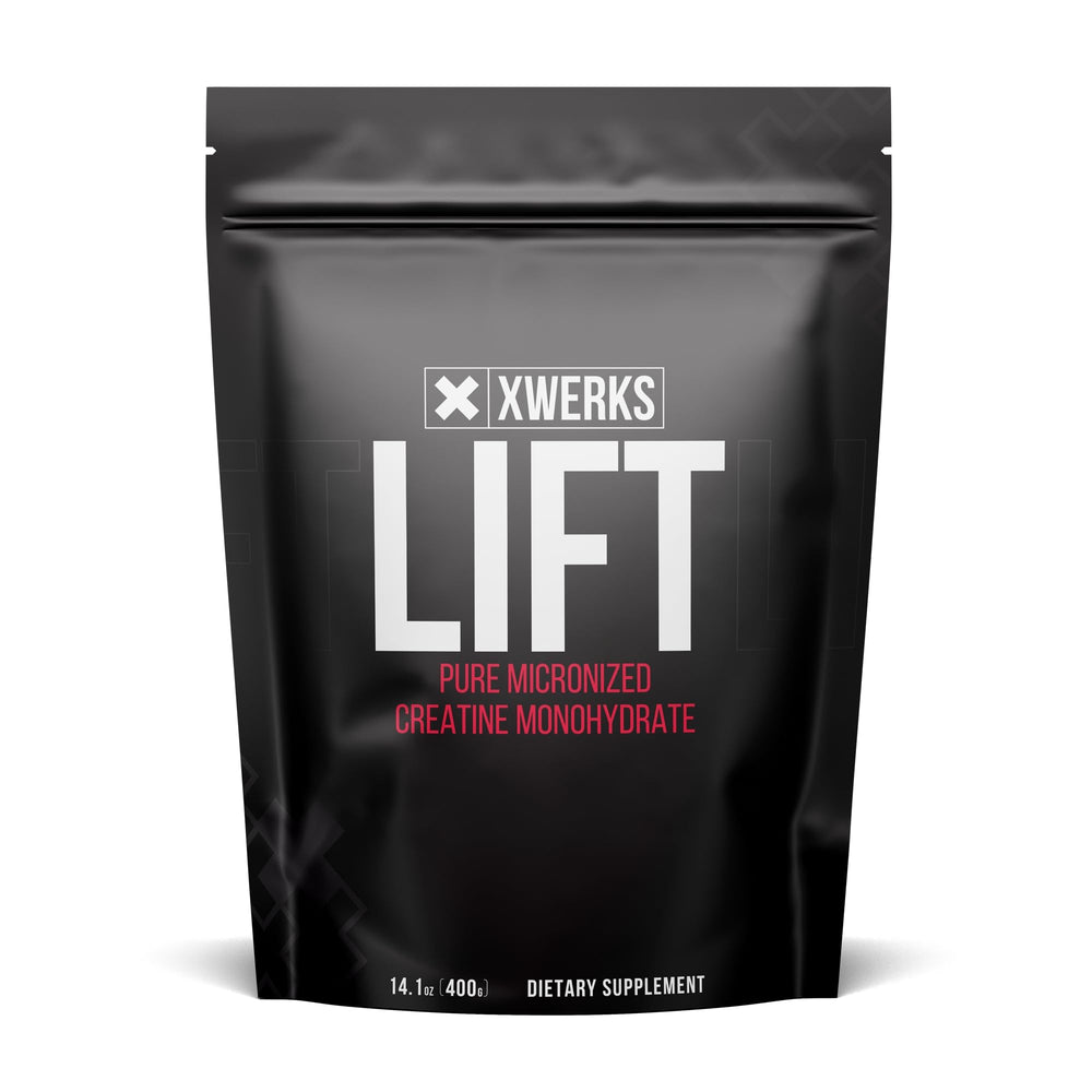 Xwerks Lift creatine powder jar label shows 5 g per scoop for steady workout energy.