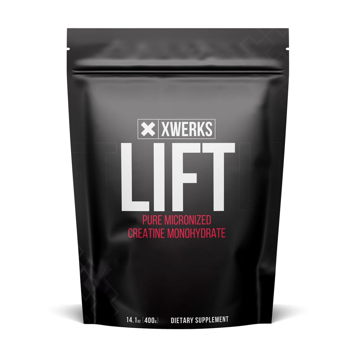 Xwerks Lift creatine powder jar label shows 5 g per scoop for steady workout energy.