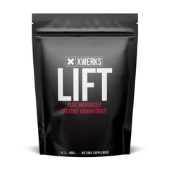Xwerks Lift creatine powder jar label shows 5 g per scoop for steady workout energy.