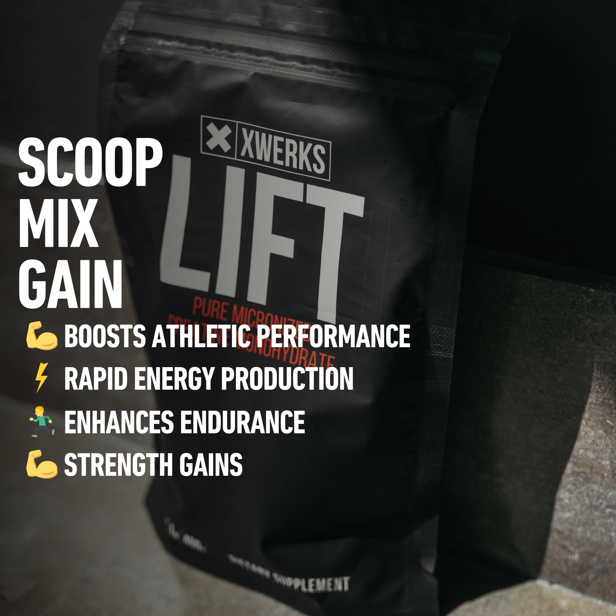 Xwerks Lift scoop beside glass shows flexible pre or post-workout use.