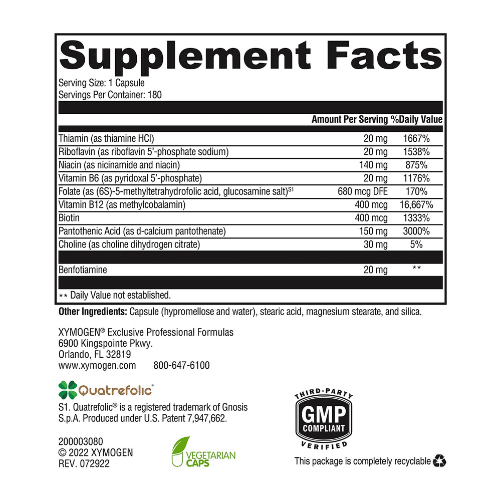 Vegan-friendly badge shown with XYMOGEN B Activ bottle.