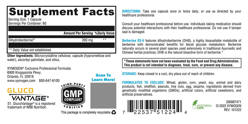Close-up of XYMOGEN Berberine ES-5 capsules highlighting DHB content