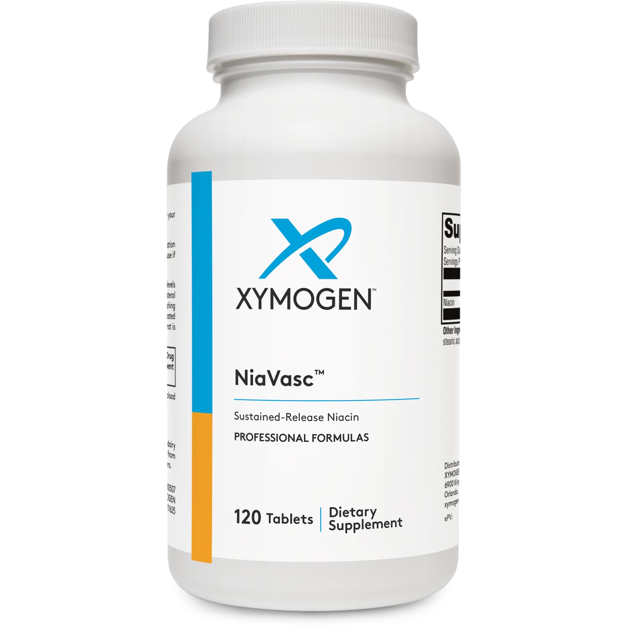 XYMOGEN NiaVasc 500mg bottle front highlighting time-release formula for steady support.