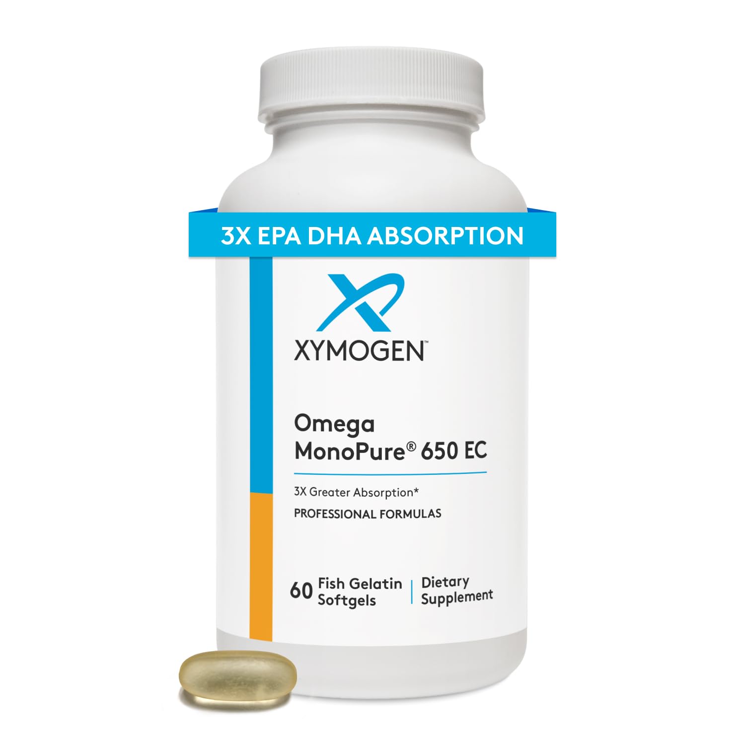XYMOGEN Omega MonoPure 650 EC bottle front showing compact, easy-to-swallow softgels