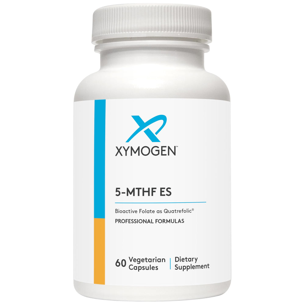 XYMOGEN 5-MTHF bottle close-up showing bioactive folate in high-potency form