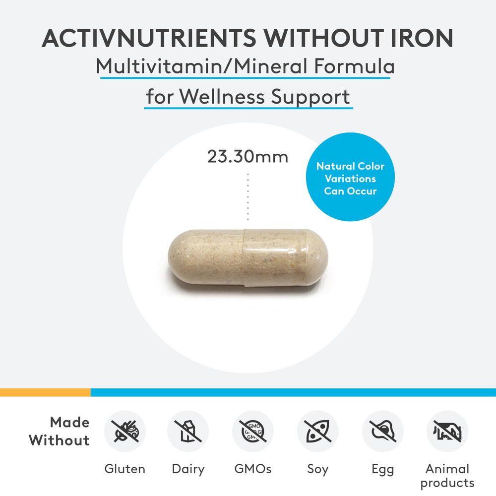 Close-up of XYMOGEN ActivNutrients Without Iron capsules highlights chelated minerals