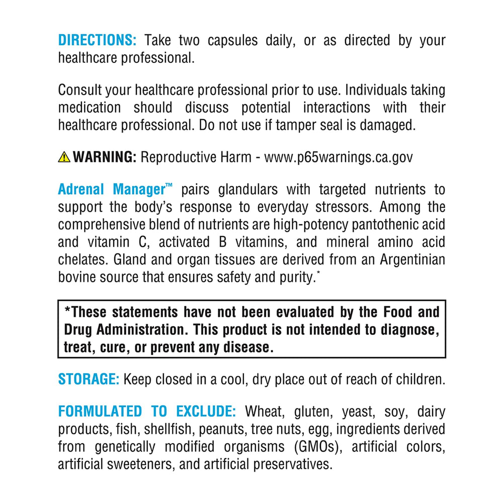 XYMOGEN Adrenal Manager ingredients graphic shows B vitamins and minerals.