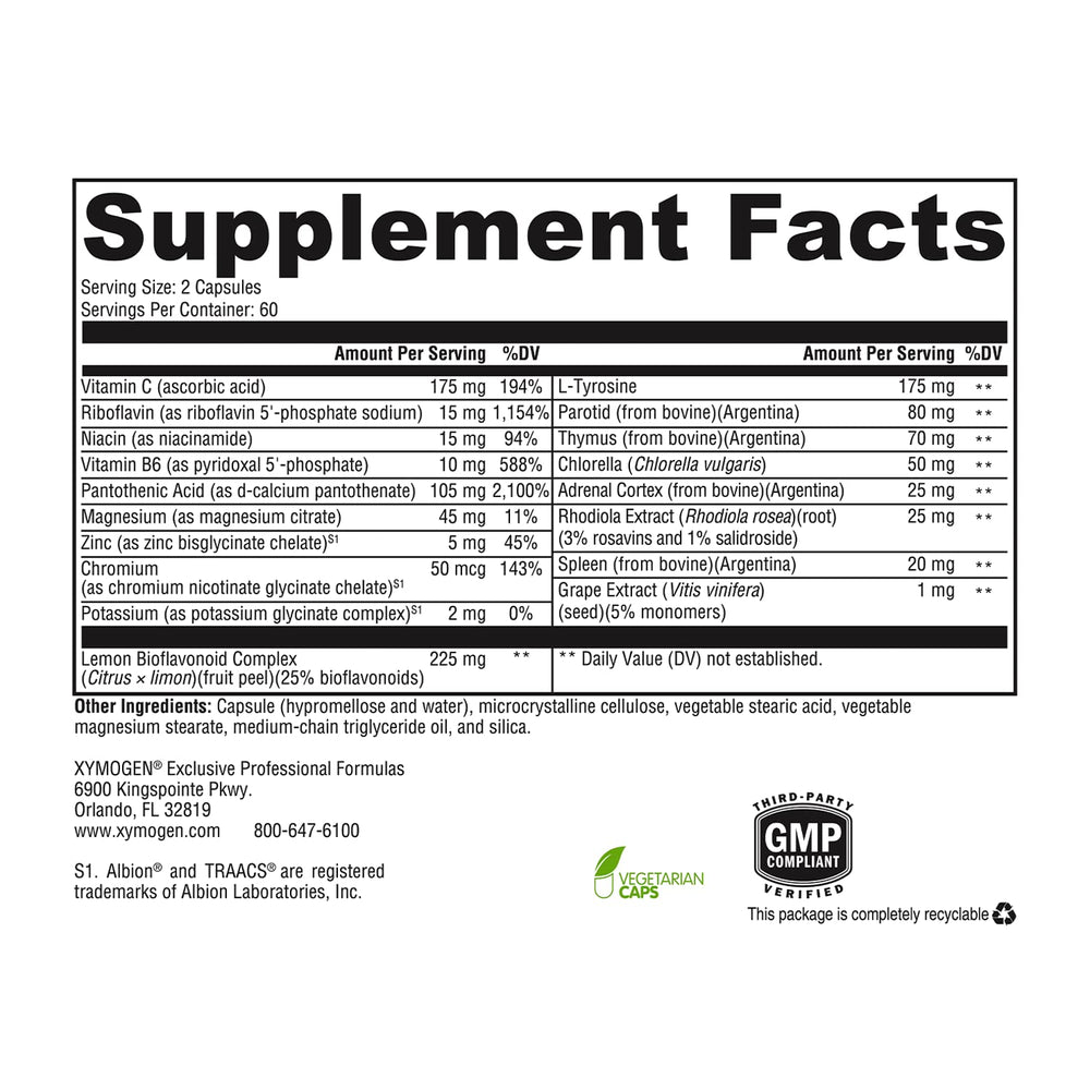 XYMOGEN Adrenal Manager rhodiola extract signals adaptogenic support.