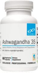 XYMOGEN Ashwagandha 35 bottle on countertop signaling premium stress support.