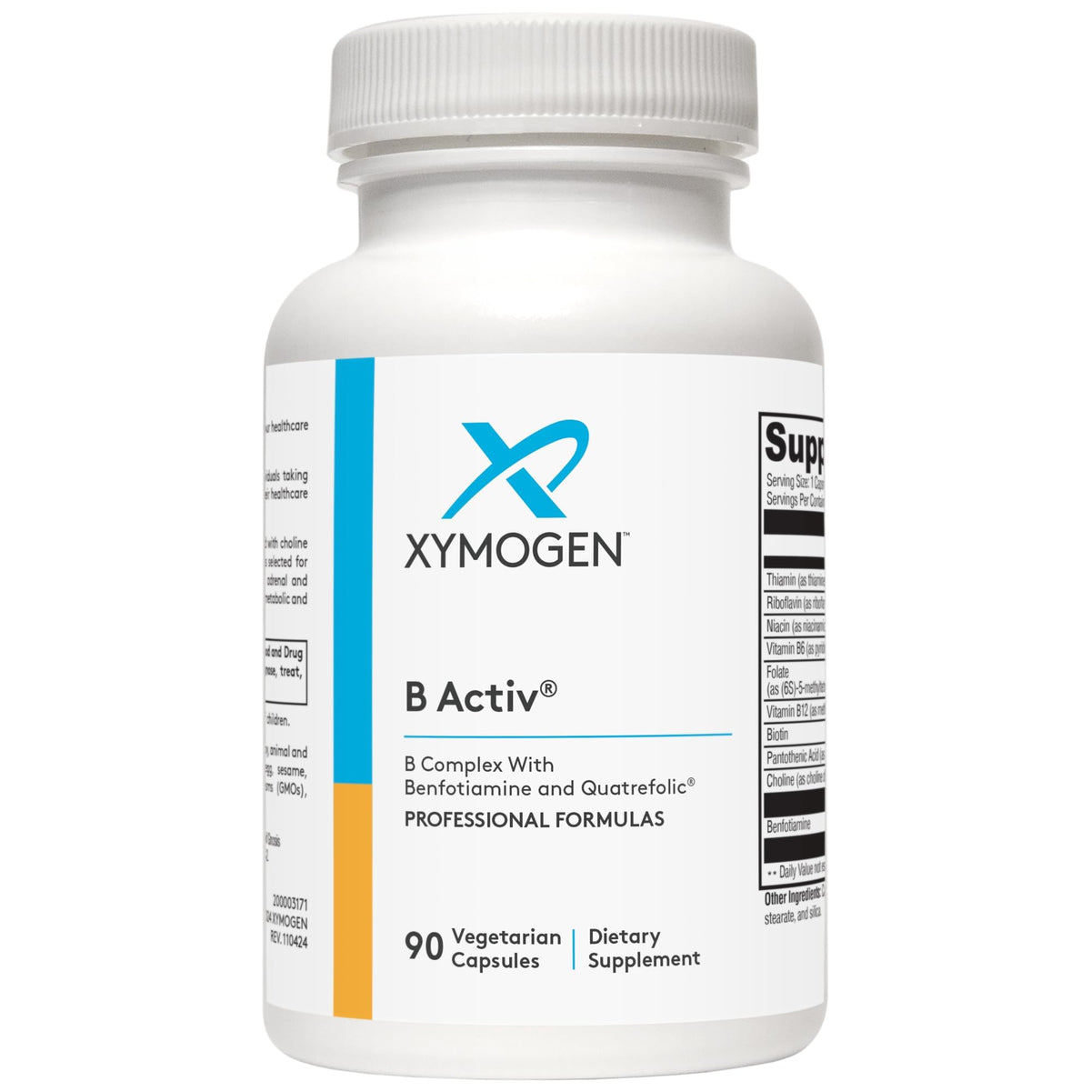 XYMOGEN B Activ bottle closeup showing a complete B complex for daily energy support.