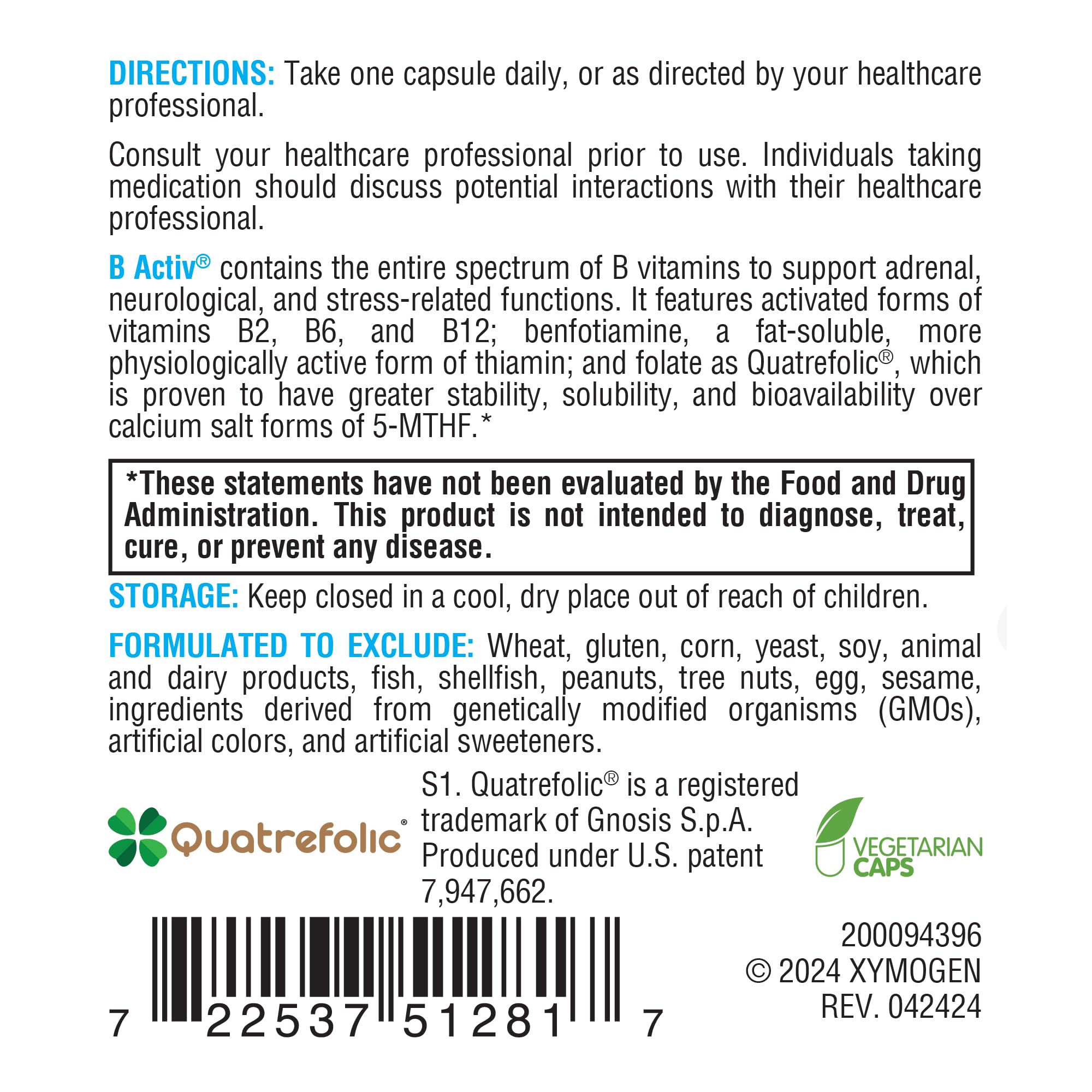 Xymogen B Activ ingredients panel featuring thiamine benfotiamine and Quatrefolic.