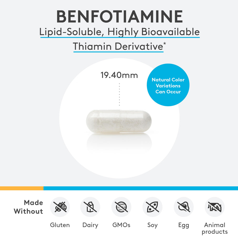 Close-up of XYMOGEN Benfotiamine capsules showing quality and potency.