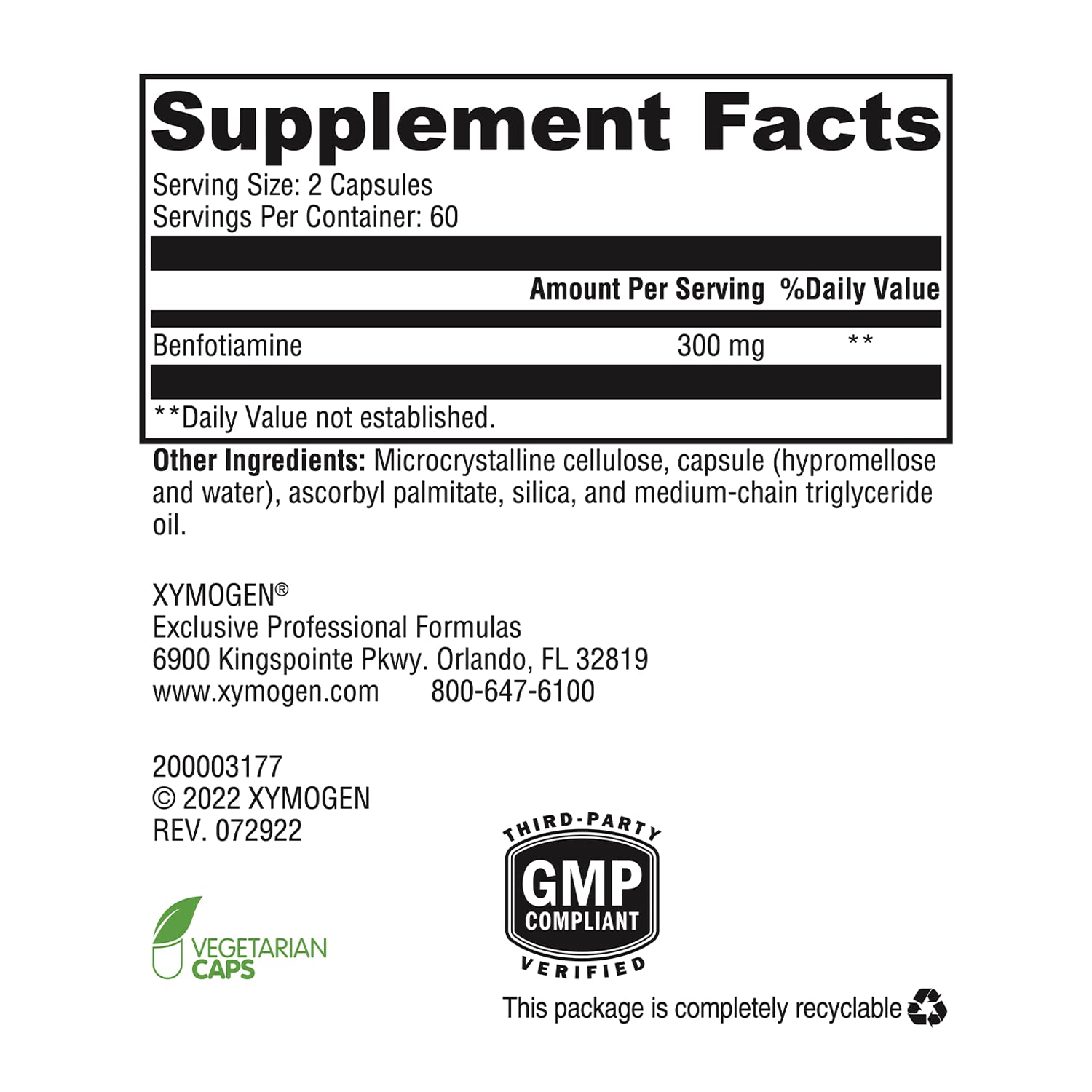 Gluten-free icon on XYMOGEN Benfotiamine box indicates allergen-conscious choice.