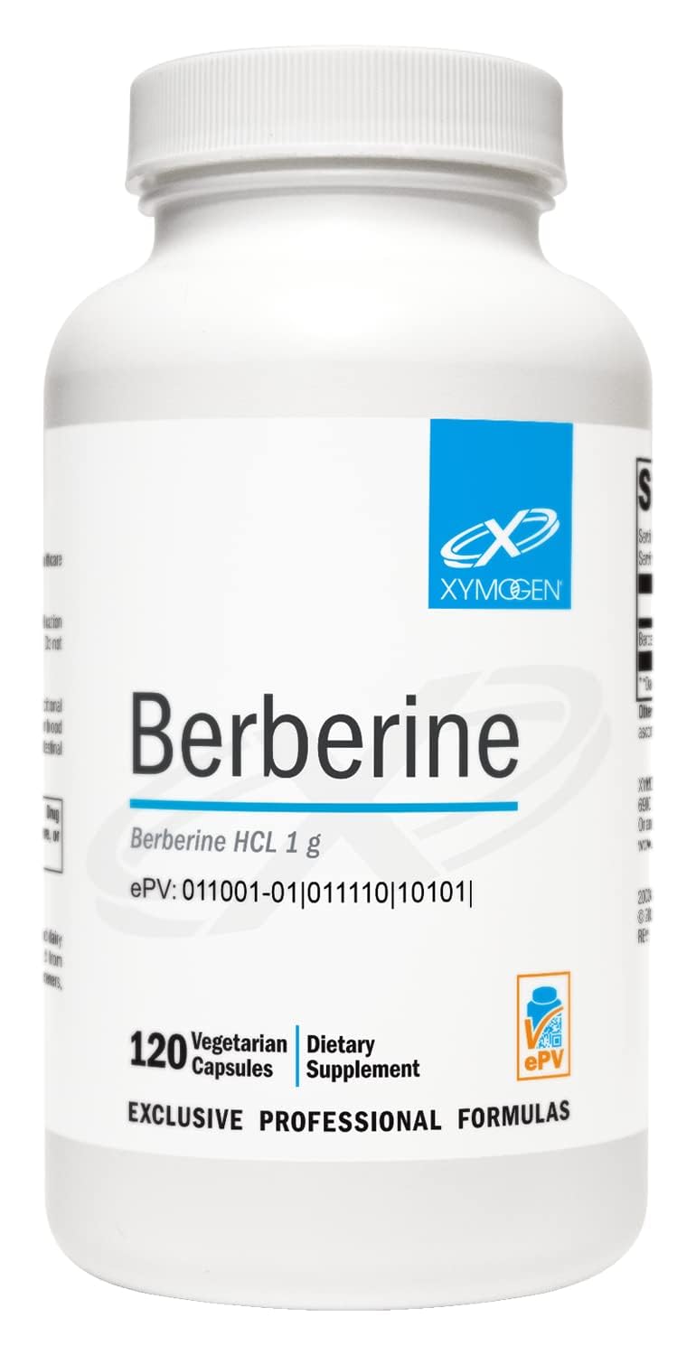 XYMOGEN Berberine HCL 1000mg bottle on counter supports daily metabolic and digestive wellness.