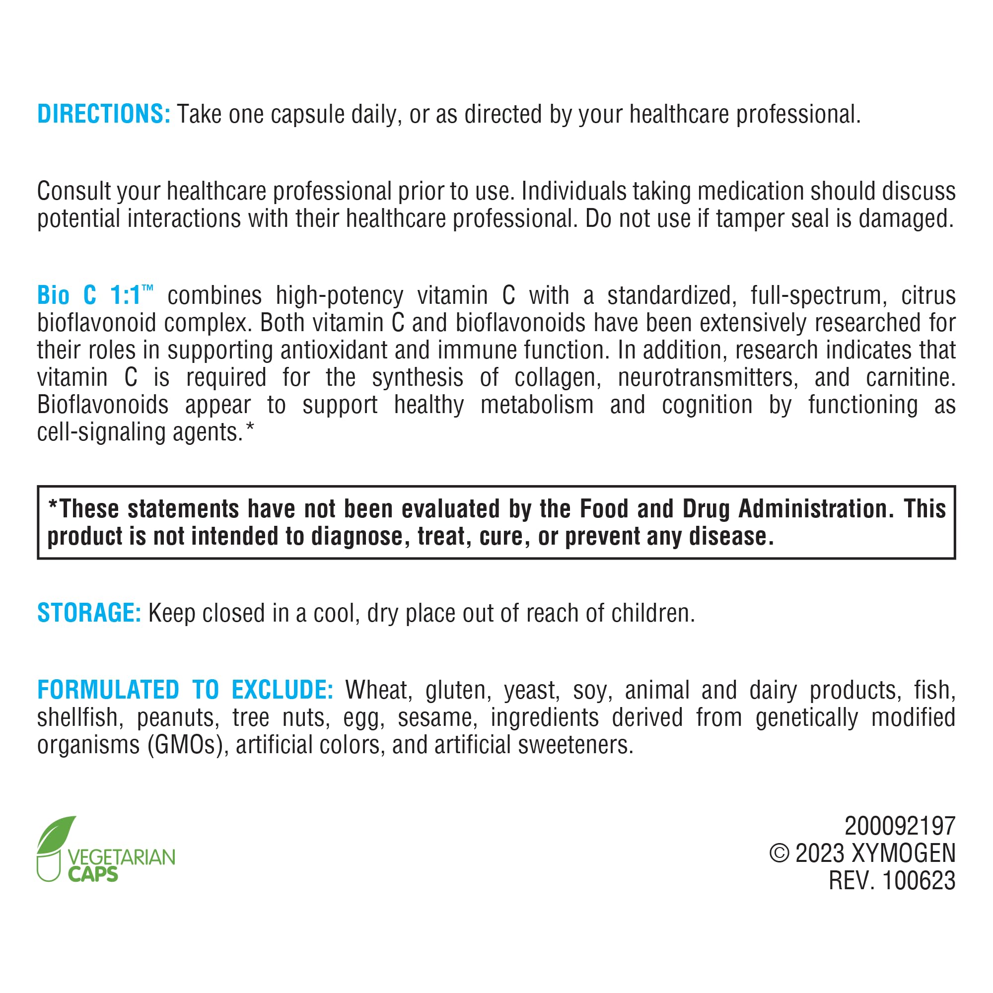 XYMOGEN Bio C 1:1 bioflavonoids complex emphasizes citrus-derived antioxidant blend