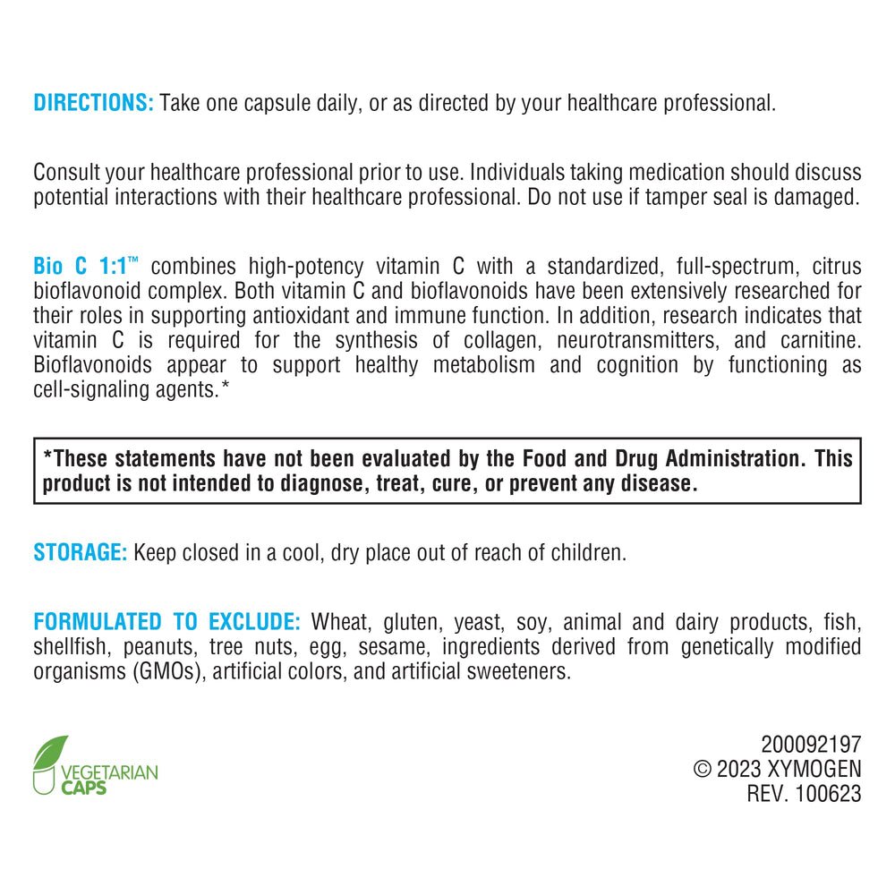 XYMOGEN Bio C 1:1 bioflavonoids complex emphasizes citrus-derived antioxidant blend