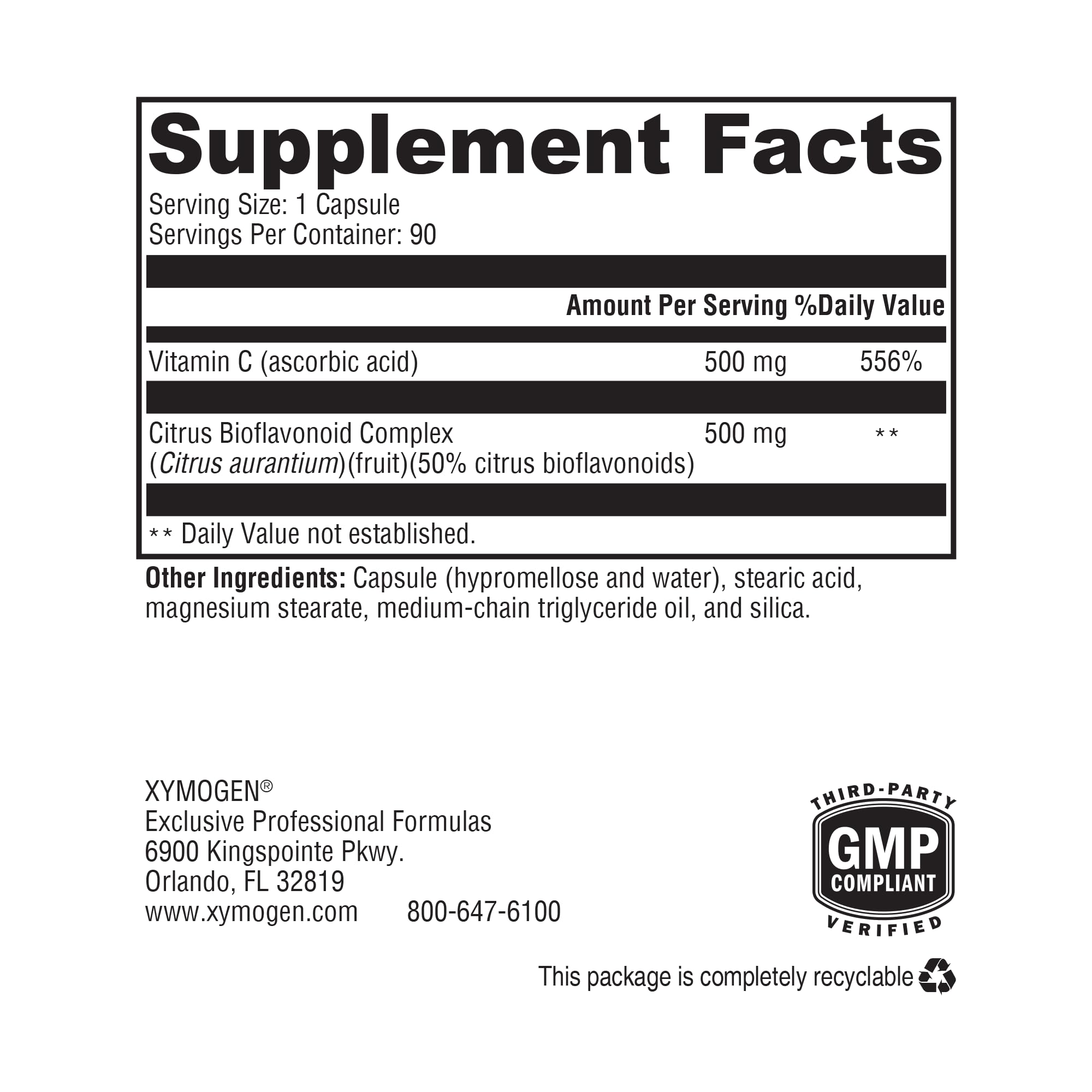 XYMOGEN Bio C 1:1 ingredient panel notes non-GMO and allergen-free formula