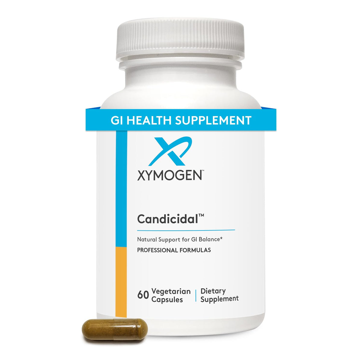 XYMOGEN Candicidal bottle front promoting natural GI balance.
