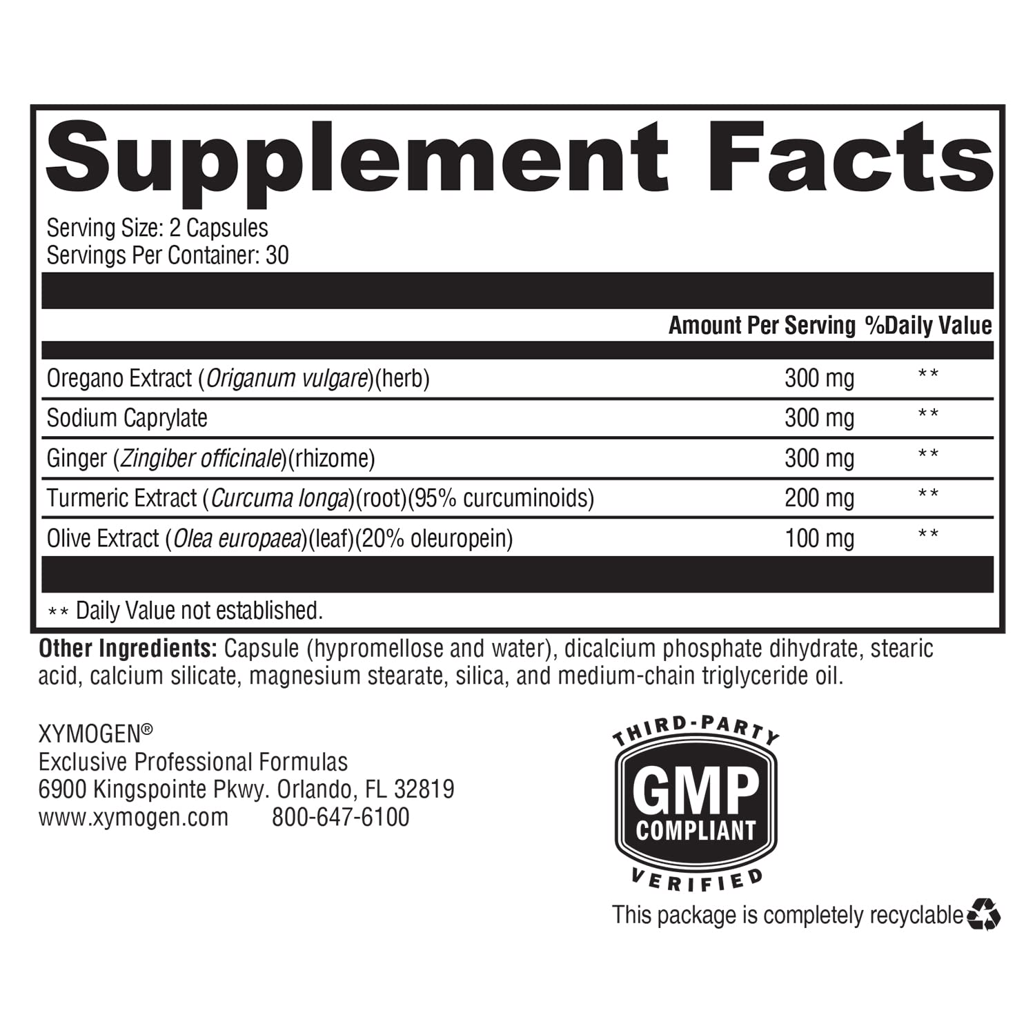 XYMOGEN Candicidal bottle with ingredients list signaling immune and GI support.
