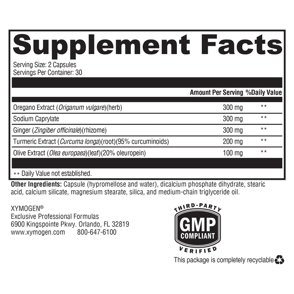 XYMOGEN Candicidal bottle with ingredients list signaling immune and GI support.