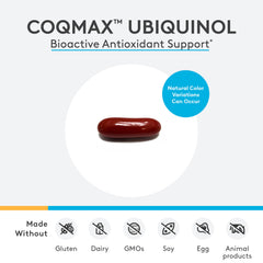 CoQmax softgels closeup highlighting ubiquinol capsules for bioavailability.
